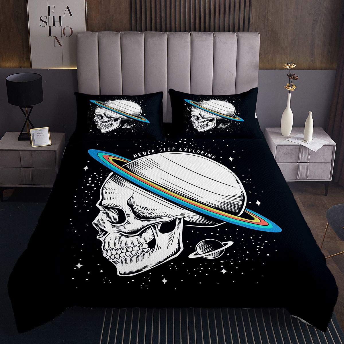 Feelyou Skull Print Comforter Set - Galaxy Skeleton Design King Size Bedding (3Pcs) for Boys, Girls, Teens & College Dorms - Gothic Boho Hippie Celestial Bedroom Decor - Perfect for Halloween, Dorm Rooms & Alternative Style Bedrooms