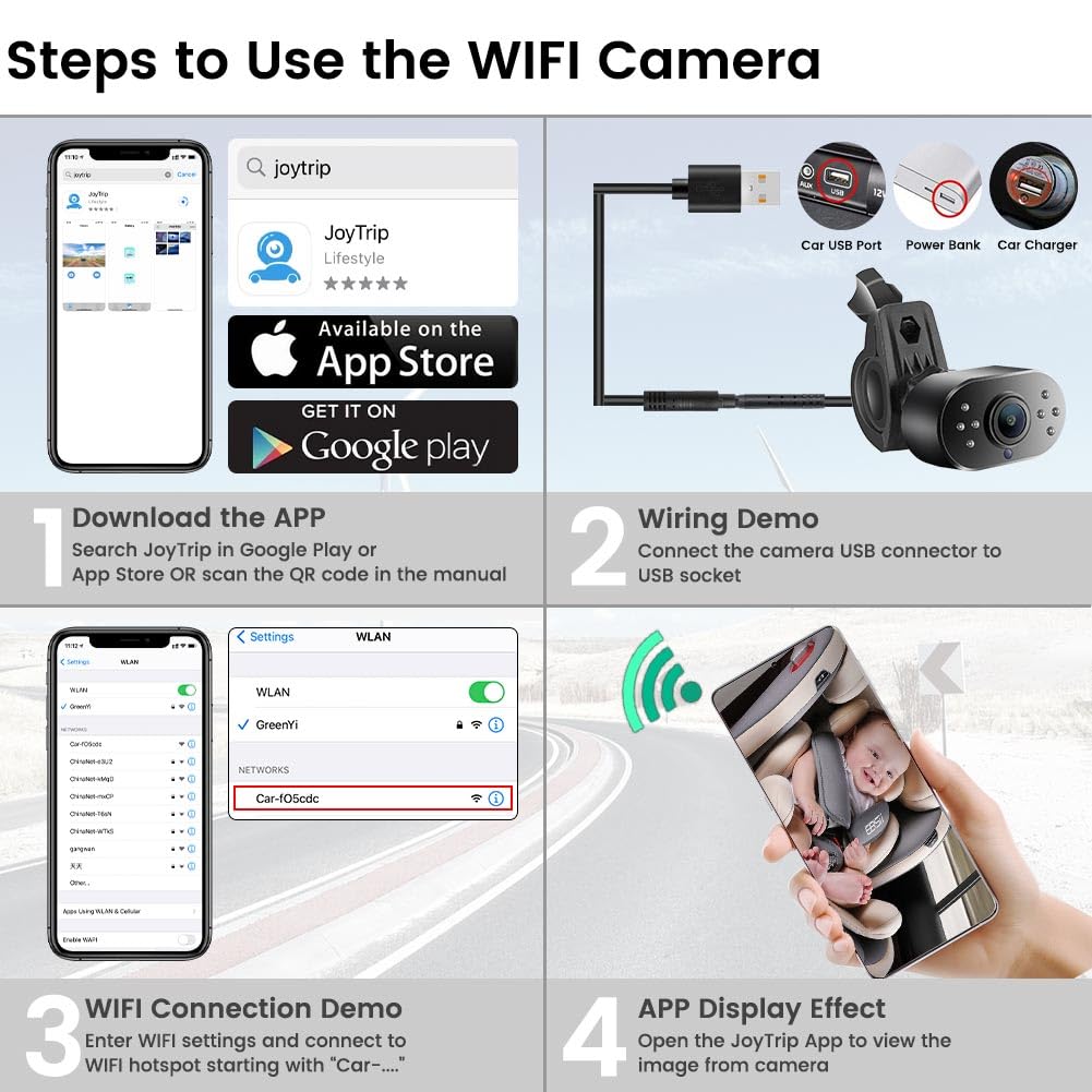 GreenYi WiFi Car Baby Monitor with IR Night Vision - 720P HD Wireless Rear/Front View Camera for Android Head Units, iPhone, iPad & Smartphones - Perfect for Night Driving, Baby Monitoring & Parking Assistance