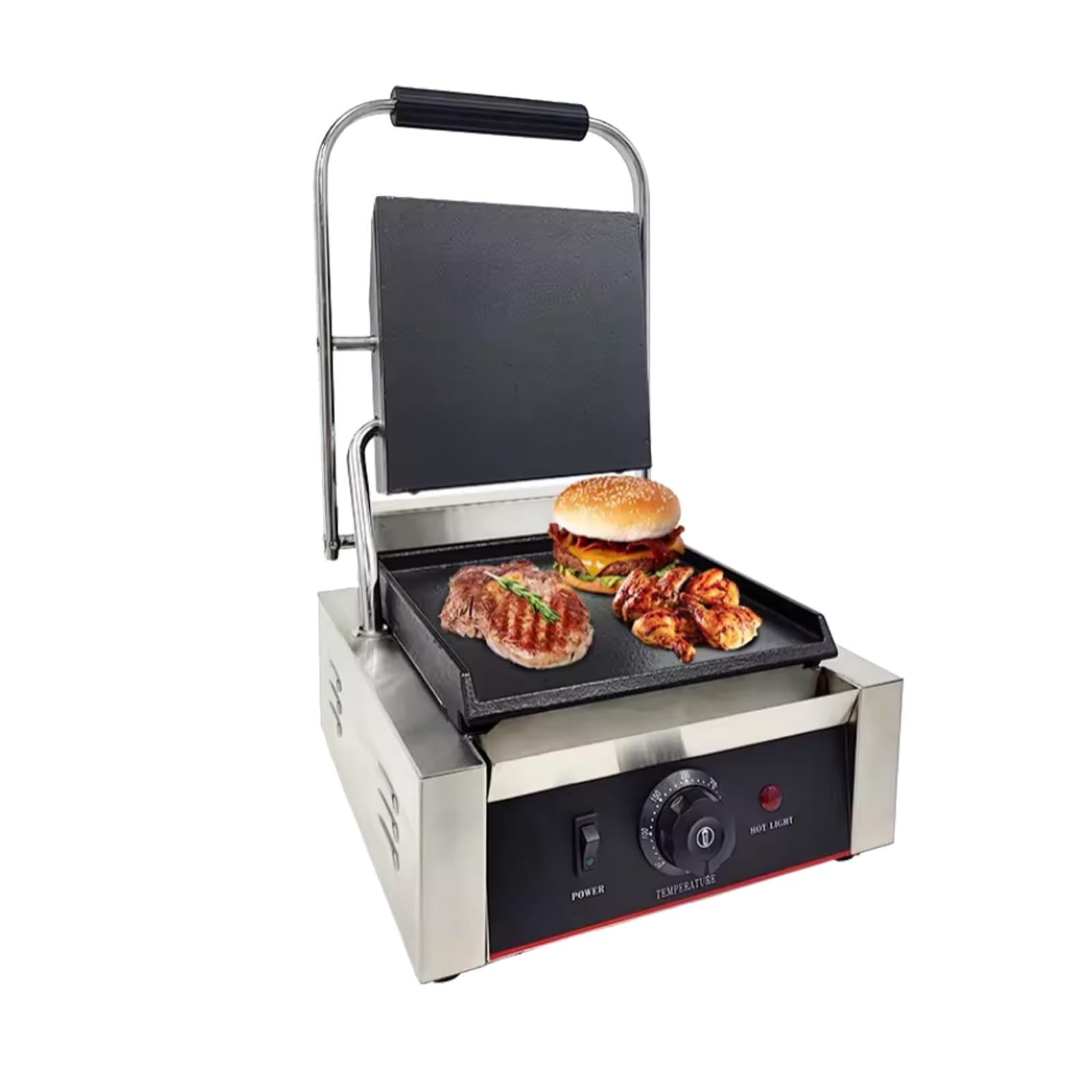 Commercial Panini Press with Grooved Grill - Electric Sandwich Maker Machine for Restaurants & Catering - Single Smooth Top & Bottom Contact Grill - Perfect for Paninis, Burgers, Quesadillas & Breakfast Sandwiches