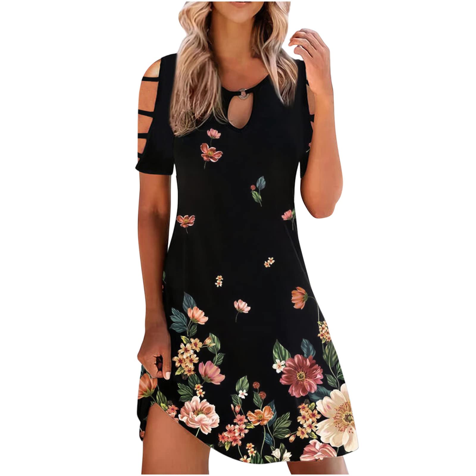 2022 Women's Summer & Spring Boho T-Shirt Dress - Strappy Cold Shoulder Hollow Loose Short Sleeve Dress | Casual Beach Wear, Vacation Outfit, Street Style Fashion
