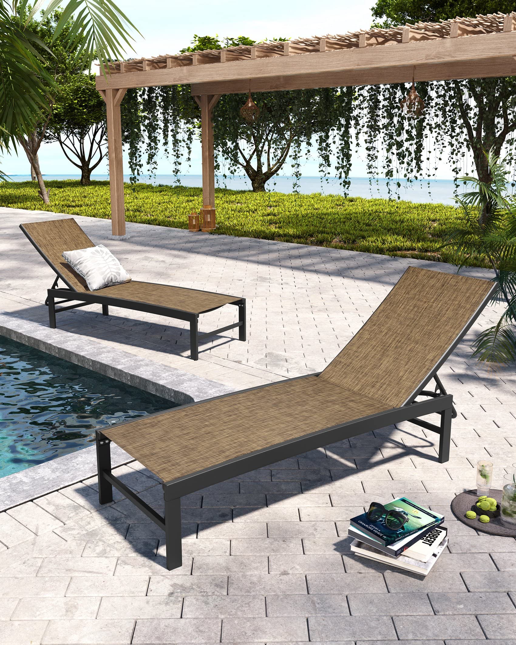Pellebant Outdoor Lounge Chairs Set of 2 - Adjustable Patio Chaise Lounge Chairs with Rustproof Aluminum Frame for Poolside, Backyard & Sunbathing (Grey & Brown, 2-Piece Set) - Perfect for Relaxing by the Pool, Beach or Garden