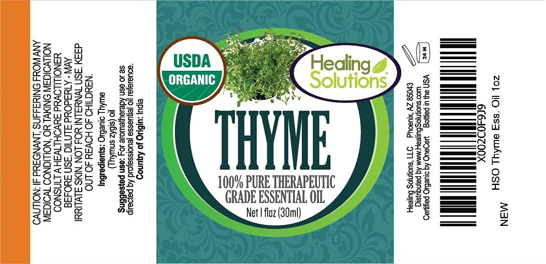 Healing Solutions Organic Thyme Essential Oil 1 oz (30 ml) - 100% Pure & Undiluted for Aromatherapy, Hair Care, Diffusers & Massage | Natural Stress Relief & Wellness
