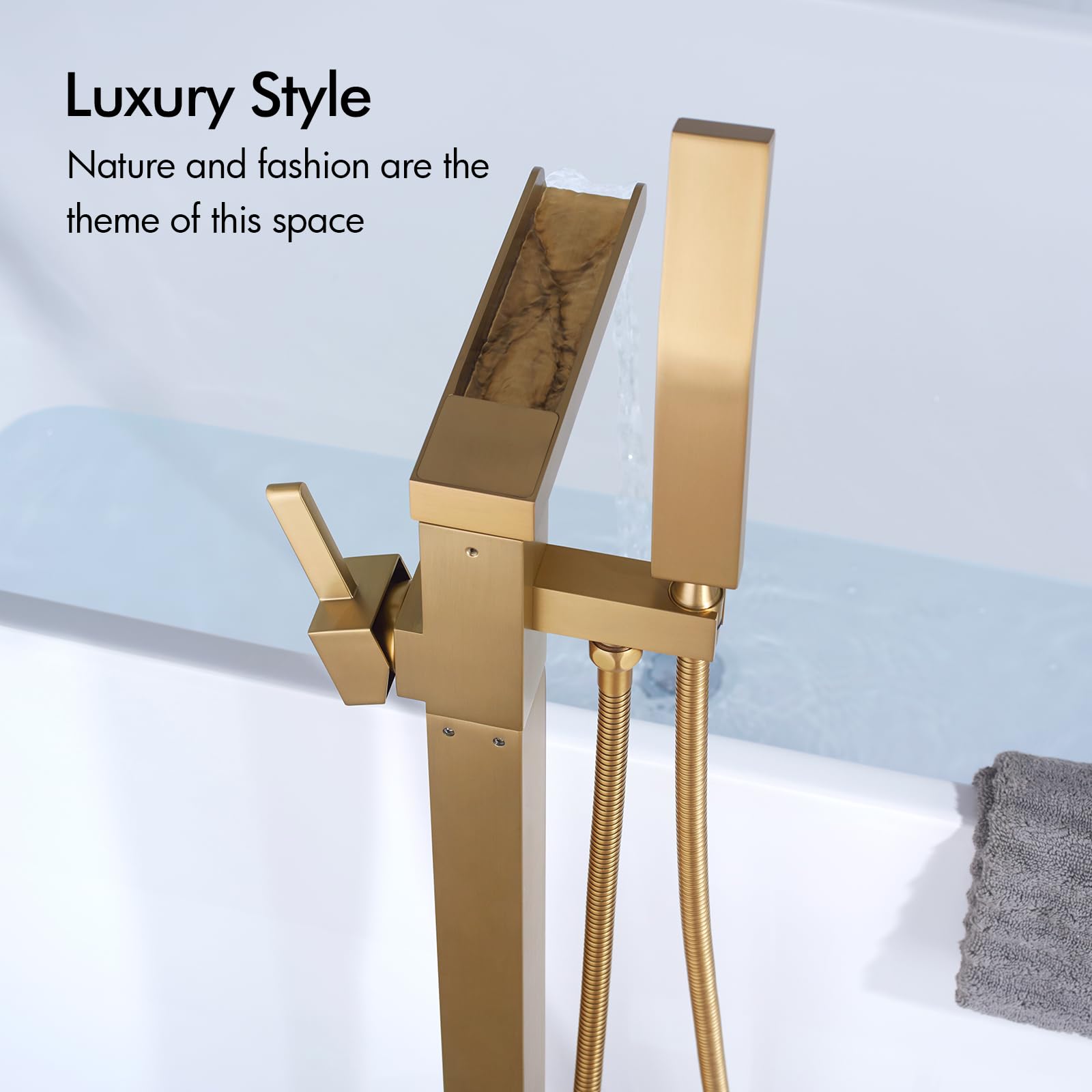 Premium BAGNOLUX Floor Mount Bathtub Faucet - Single Handle Brass Tub Filler with Hand Shower, Waterfall Style (Brushed Brass) - Perfect for Modern Bathroom & Spa Retreats
