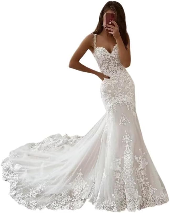 Elegant Lace Applique Wedding Dress for Bride - Spaghetti Straps Mermaid Bodycon Bridal Gown with Train - Perfect for Beach, Church, and Formal Weddings