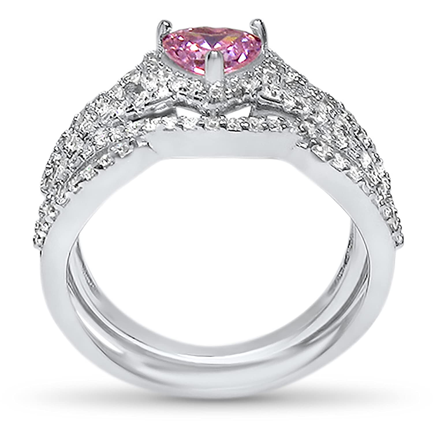LaRaso & Co Sterling Silver Pink CZ Simulated Sapphire Matching Couple Rings Set - His & Her Wedding Bands, Engagement Rings for Bridal Jewelry - Perfect for Anniversaries, Proposals & Romantic Gifts