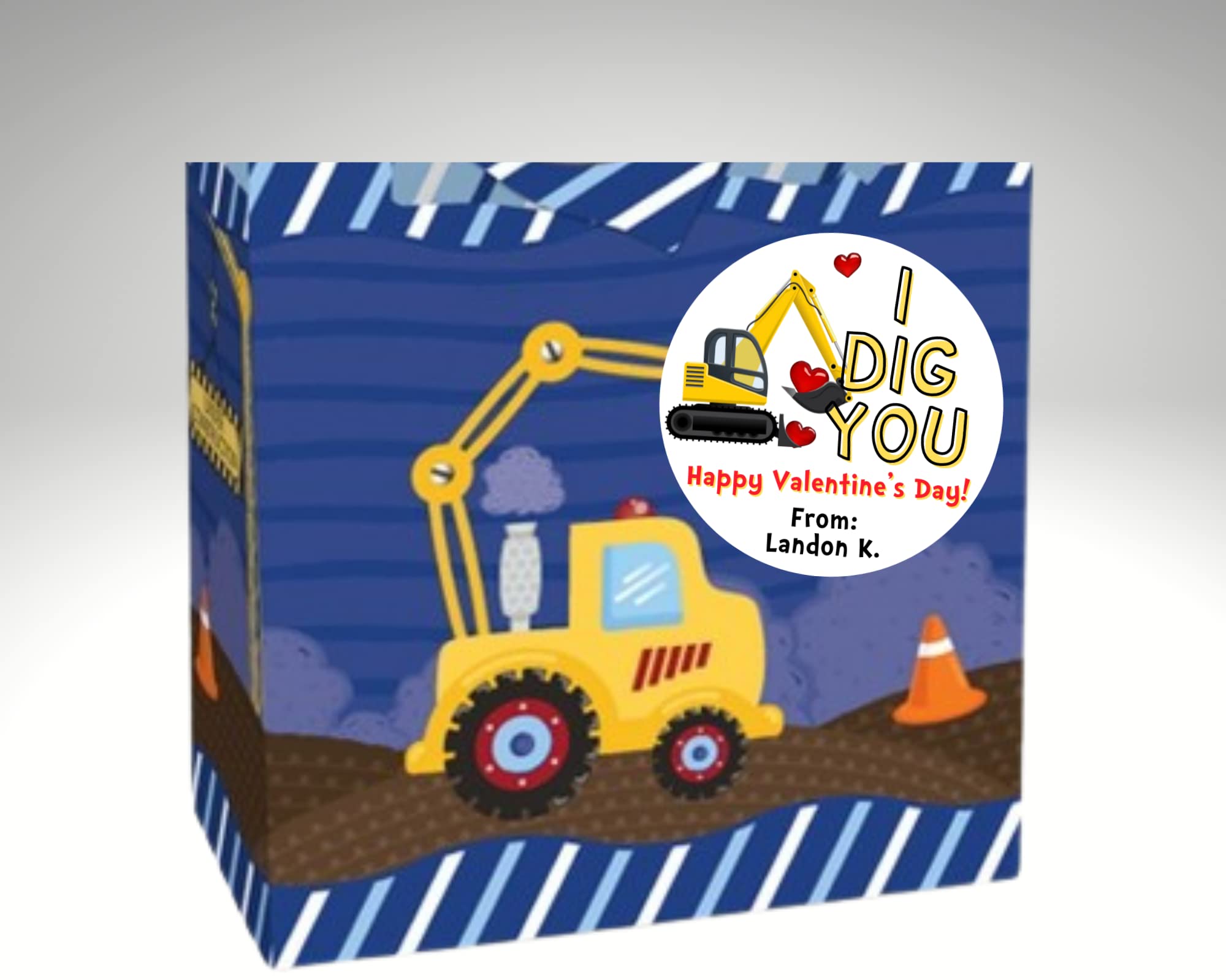 Custom Construction Digger Valentine's Day Stickers for Kids - 20-Pack 2 Inch Classroom Valentines Favors - Personalized Boy's Valentine Labels for School Parties & Gifts