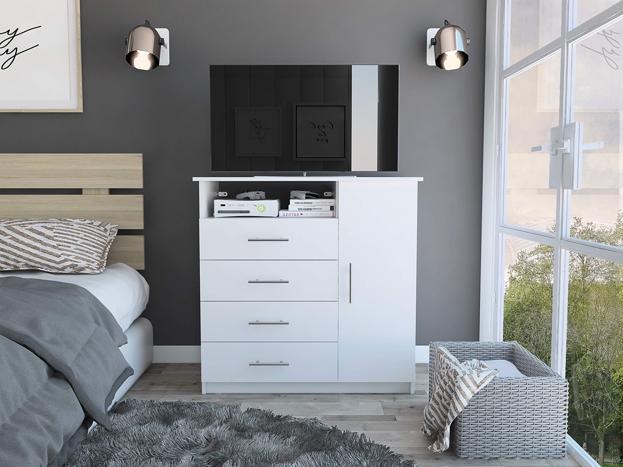 White 4-Drawer Dresser with Cabinet & Open Shelf - Modern Peru-Inspired Bedroom Furniture for Storage & Organization | Perfect for Bedrooms, Living Rooms & Dorm Decor