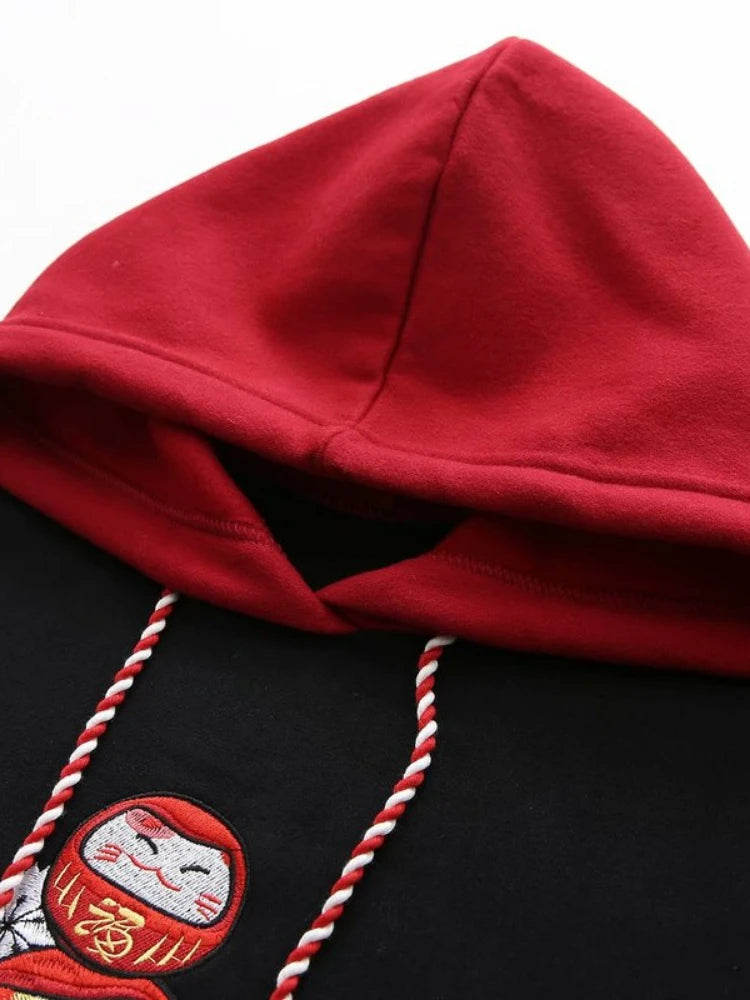 Black Fleece Hooded Sweatshirt for Women - Harajuku Style Oversized Pullover with Chinese Embroidery | Winter Warm Fleece Hoodie | Perfect for Casual Wear, Street Fashion and Cold Weather Outfits