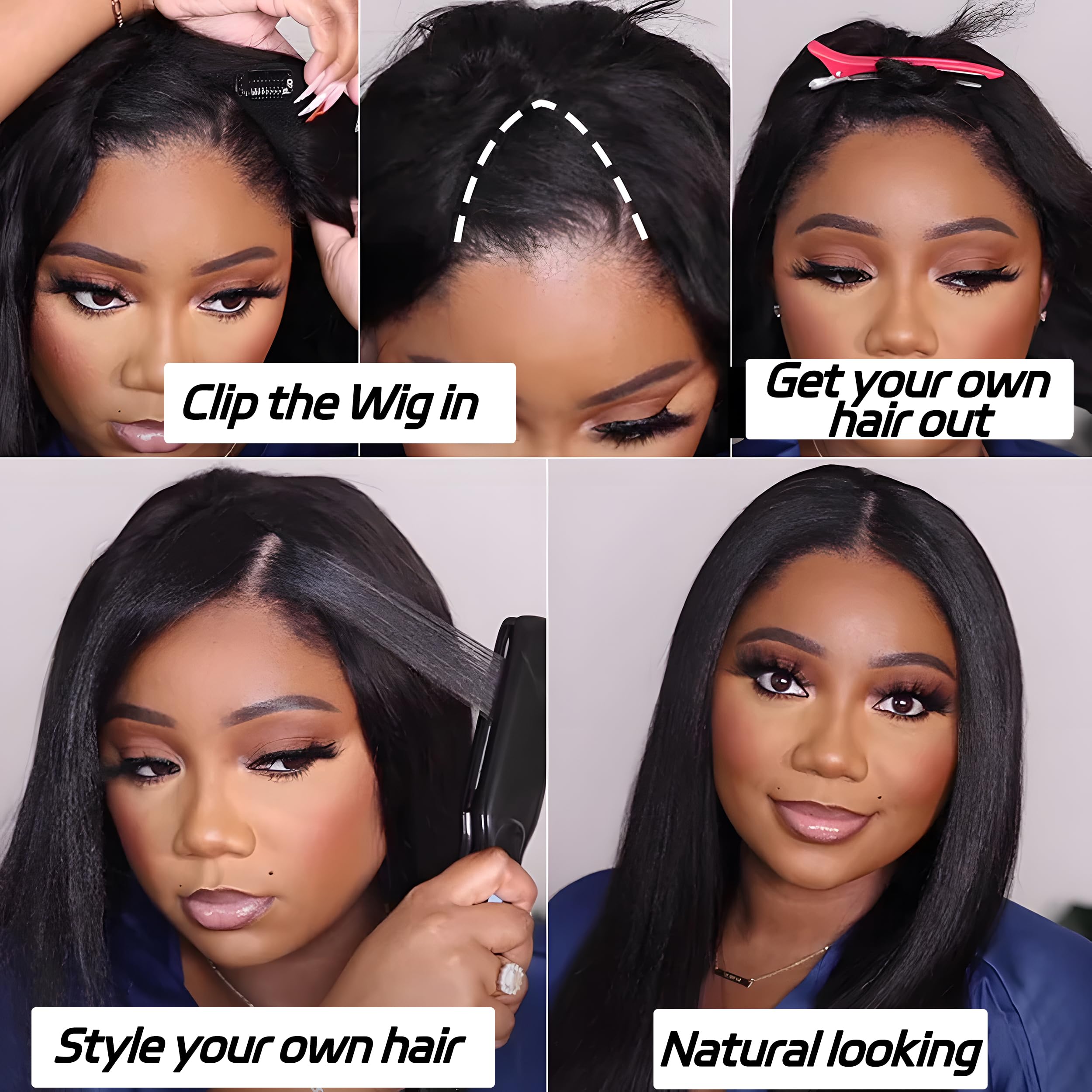 V Part Wig Human Hair - Kinky Straight & Yaki Straight Clip-In Half Wigs for Black Women | Glueless No Leave Out 180% Density | 16 Inch Natural Color | Perfect for Daily Wear, Special Occasions & Protective Styling