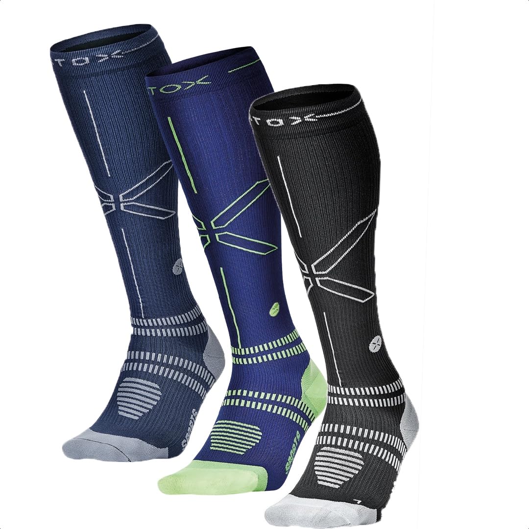 STOX Energy Socks for Men - Premium Compression Athletic Socks - Reduce Muscle Fatigue & Pain - Faster Recovery - Enhanced Comfort - Black/Dark Blue/Blue - Ideal for Running, Gym Workouts & Sports Activities