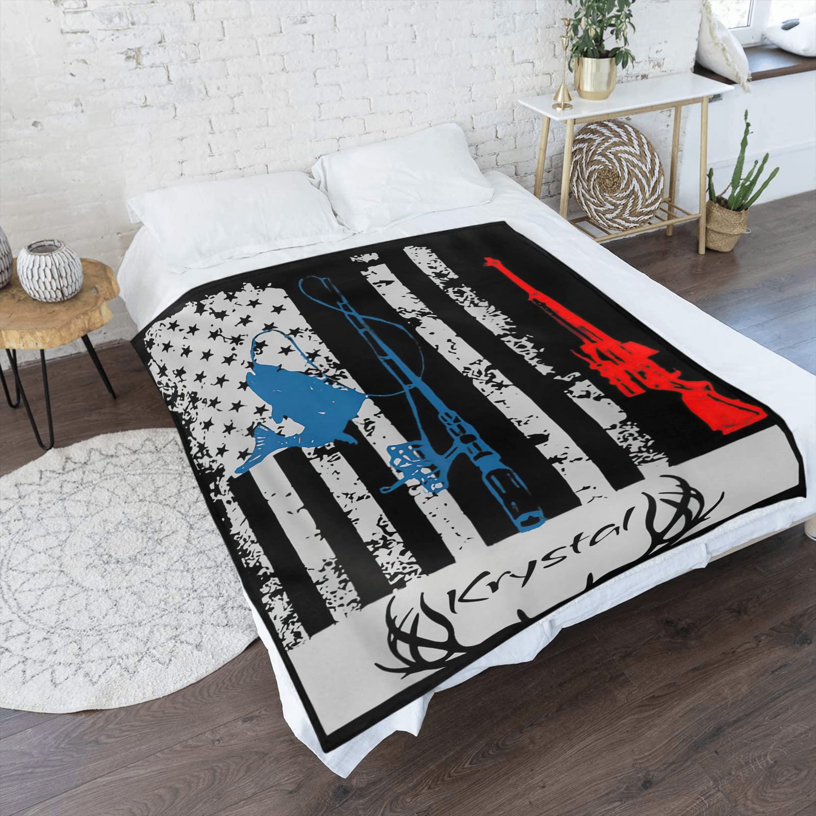 Custom Personalized American Flag Deer Camo Fishing Fleece Blanket - Super Soft 50x60 Inch Throw with Name Text - Perfect for Couch, Sofa, Bed & Outdoor Camping