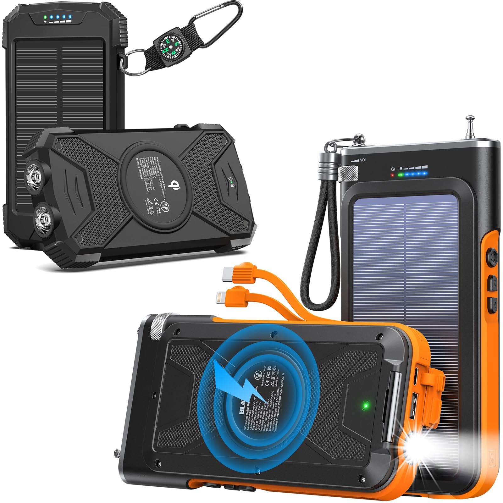 BLAVOR 2-Pack 20000mAh Fast Charging Power Bank with FM Radio & 10000mAh Solar Charger, Qi Wireless Charging, Waterproof Portable Phone Charger for Camping, Hiking, Emergency Power Outage, Outdoor Adventures