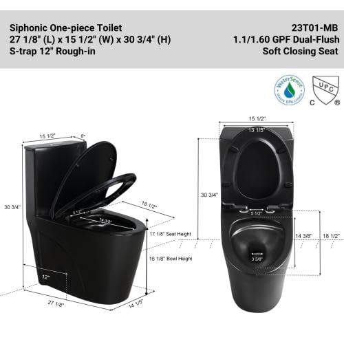 1.1/1.60 GPF Dual-Flush One-Piece Toilet - Water-Saving Elongated Comfort Height Floor-Mounted with Soft-Close Seat - 1000g MAP Flushing Score - Matte Black (23T01-MB-1) - Perfect for Modern Bathrooms & Water Conservation