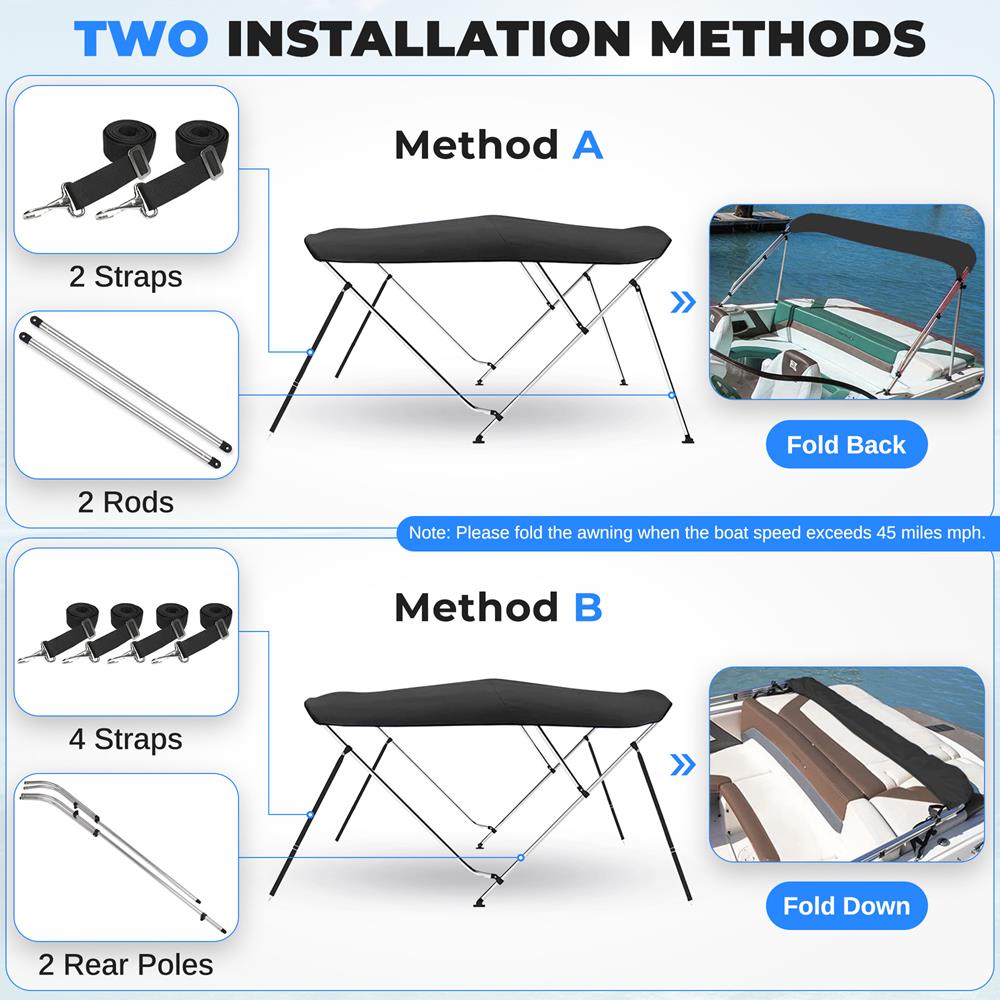 3 Bow Bimini Top - Universal Boat Canopy for Sun Protection - Perfect for Boating, Fishing & Water Sports