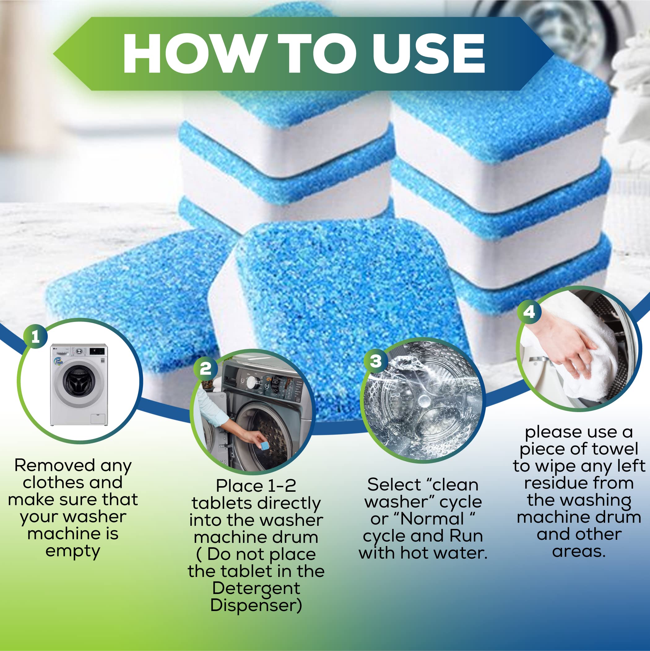 True Fresh Washing Machine Cleaner Tablets - 15 Pack Deep Cleaning Descaler for HE Front Load & Top Load Washers | Removes Mold, Odor & Residue | Safe for All Washing Machines | Perfect for Monthly Maintenance & Laundry Day Prep