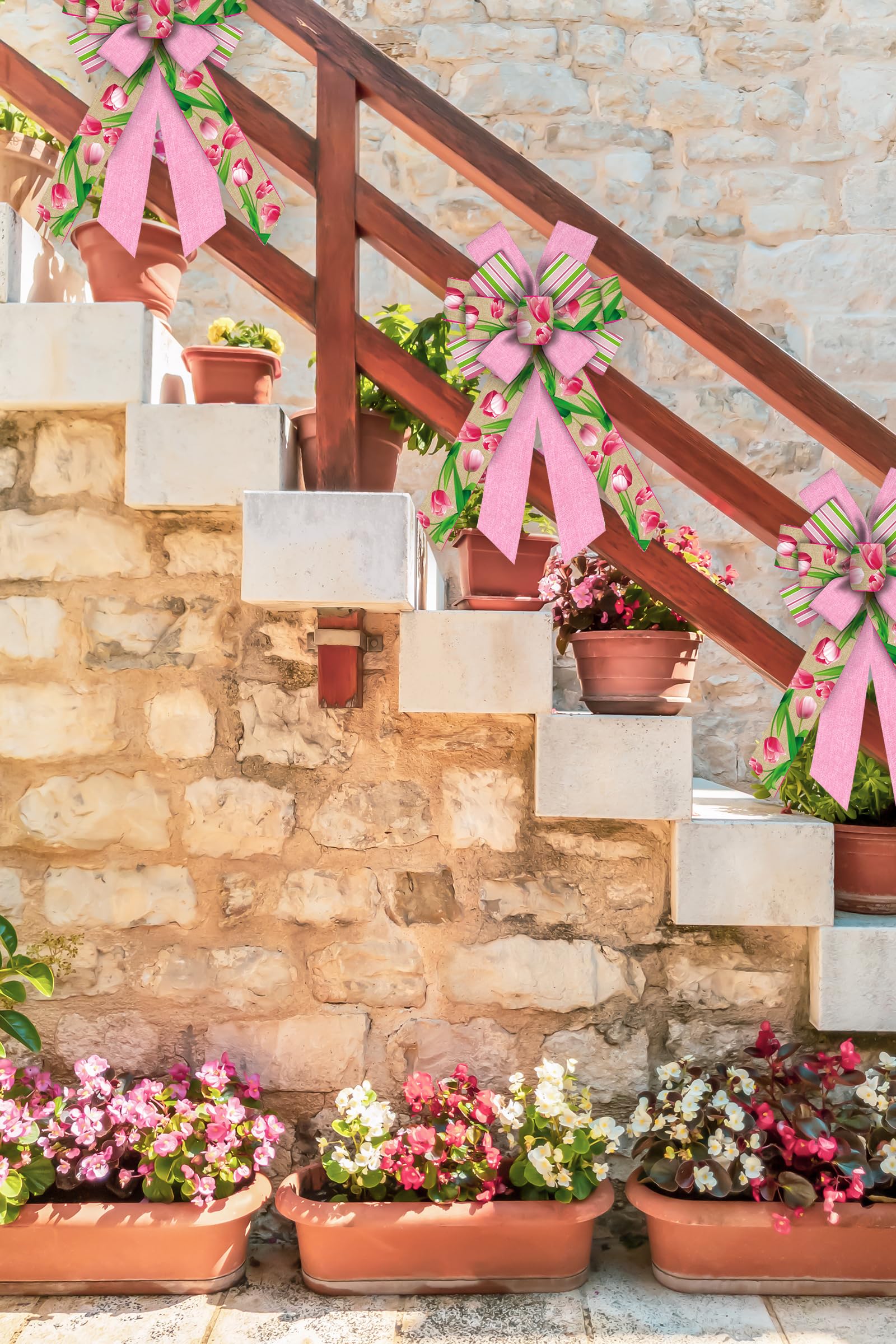 Pink Tulip Spring Wreath Bows - Large Burlap Bows for Indoor/Outdoor Door Decor