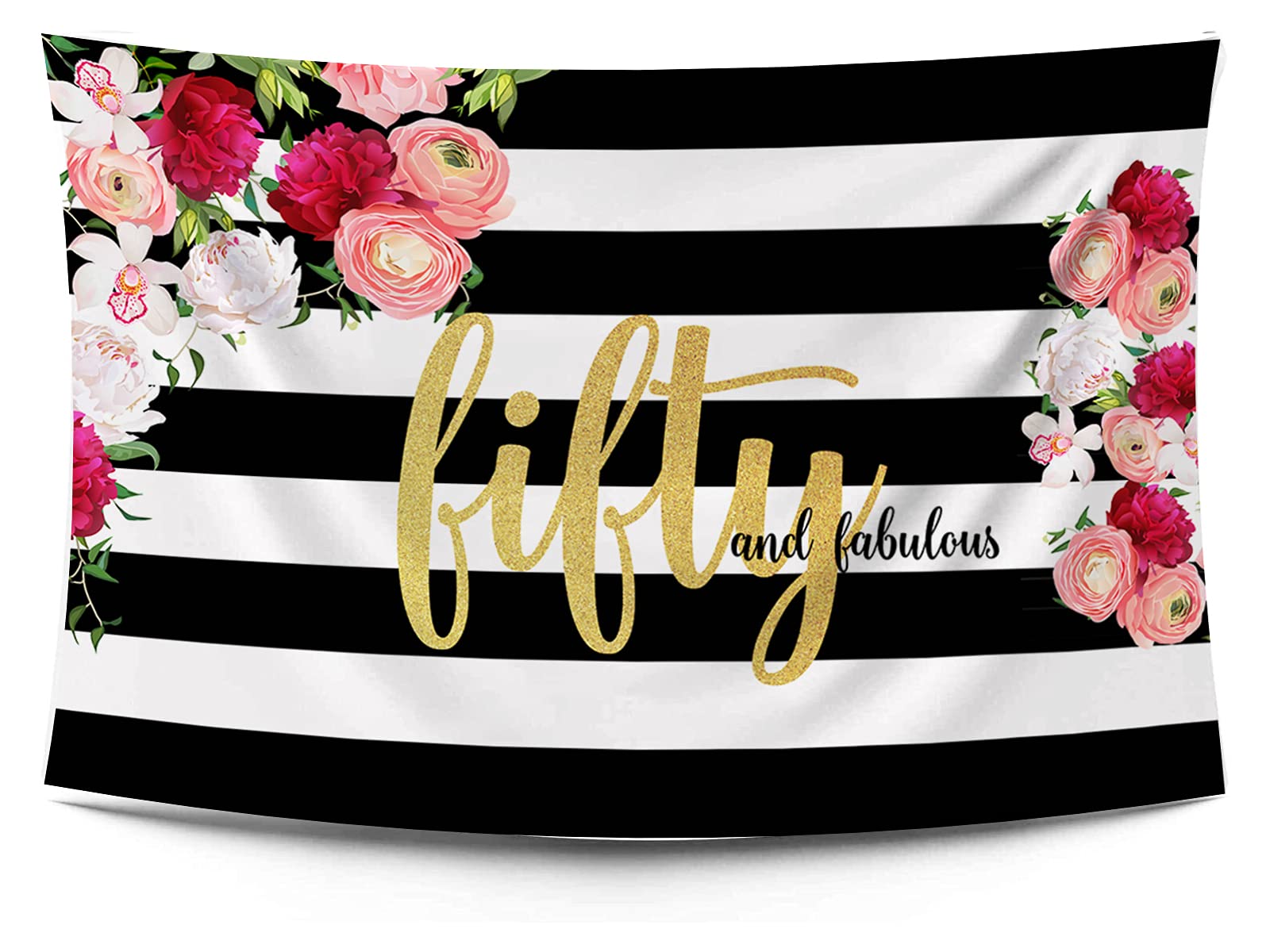50th Birthday Backdrop - AOSTO Floral Striped Photography Background 7x5ft, Premium Polyester Fabric for Women's 50 Year Old Party Decor, Photo Booth & Milestone Celebrations