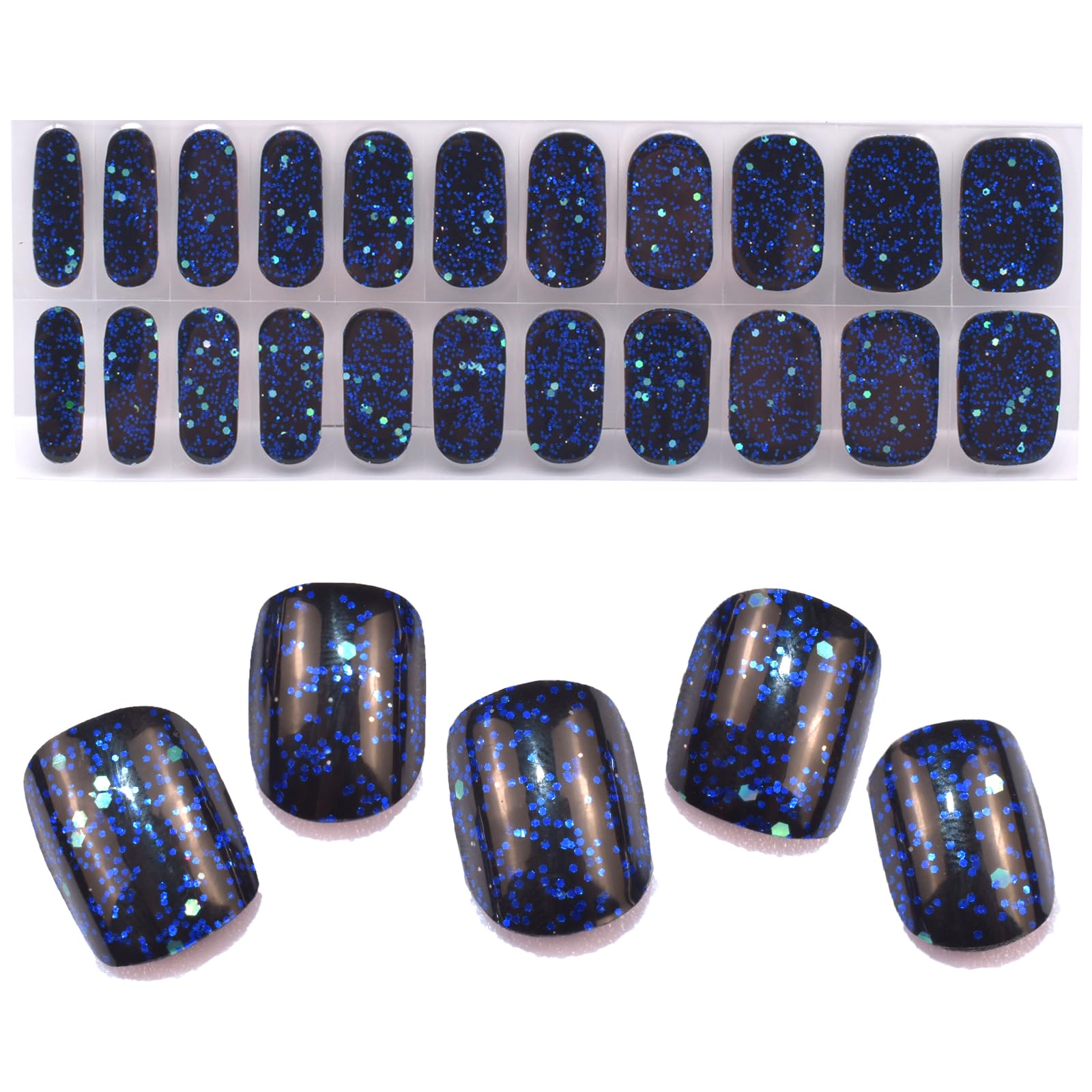 Semi Cured Gel Nail Stickers - Black & Blue Sparkly Sequins Nail Polish Strips | DIY Manicure Kit for Women | Perfect for Parties, Weddings & Special Occasions