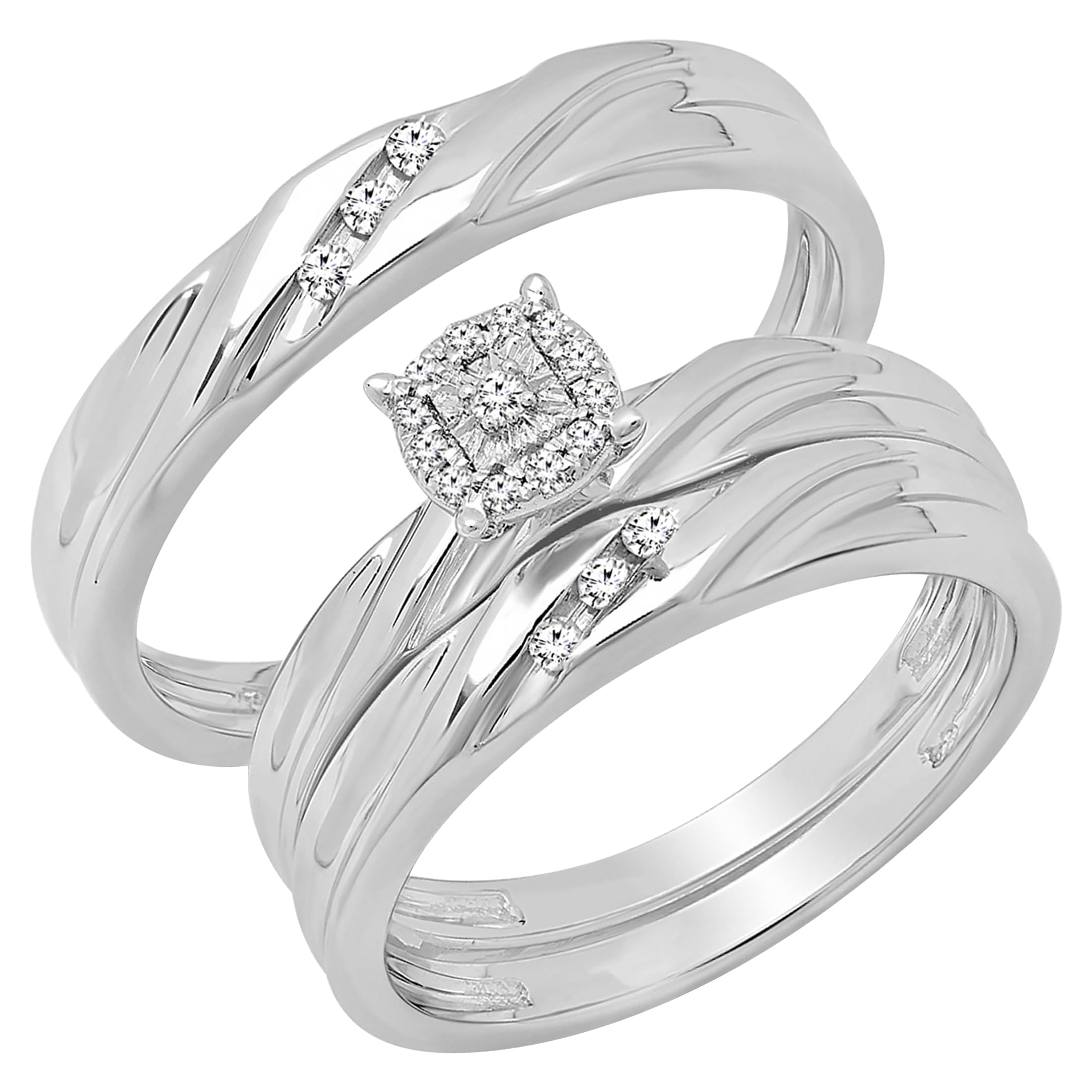 Dazzlingrock Collection 0.15 Carat Round White Diamond Halo Trio Ring Set in 925 Sterling Silver - Perfect for Engagement, Wedding, Anniversary & Special Occasions
