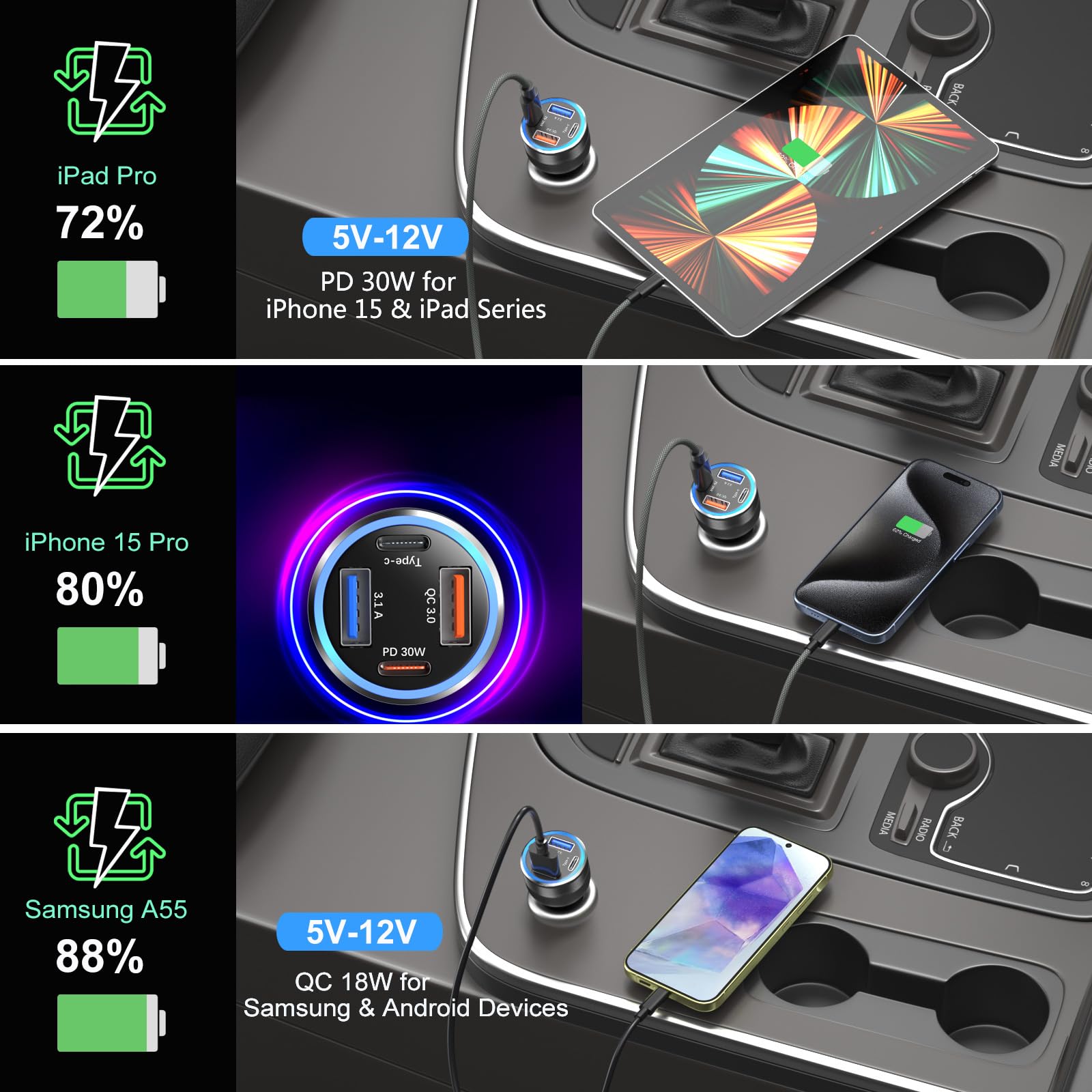 65W USB C Car Charger with QC/PD Fast Charging - 4 Port Cigarette Lighter Adapter for iPhone 16/15/14/13/12, iPad Pro & Samsung S24 - Dual 12V USB Car Phone Charger (Black) | Perfect for Road Trips & Multi-Device Charging On-The-Go