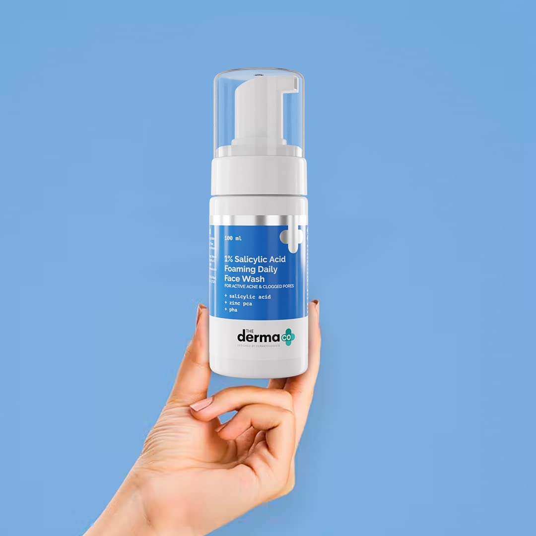 The Derma Co 1% Salicylic Acid Foaming Face Wash for Acne Prone Skin - With Zinc PCA & PHA to Treat Active Acne & Unclog Pores - 100ml - Perfect for Daily Skincare Routine & Oily Skin Care
