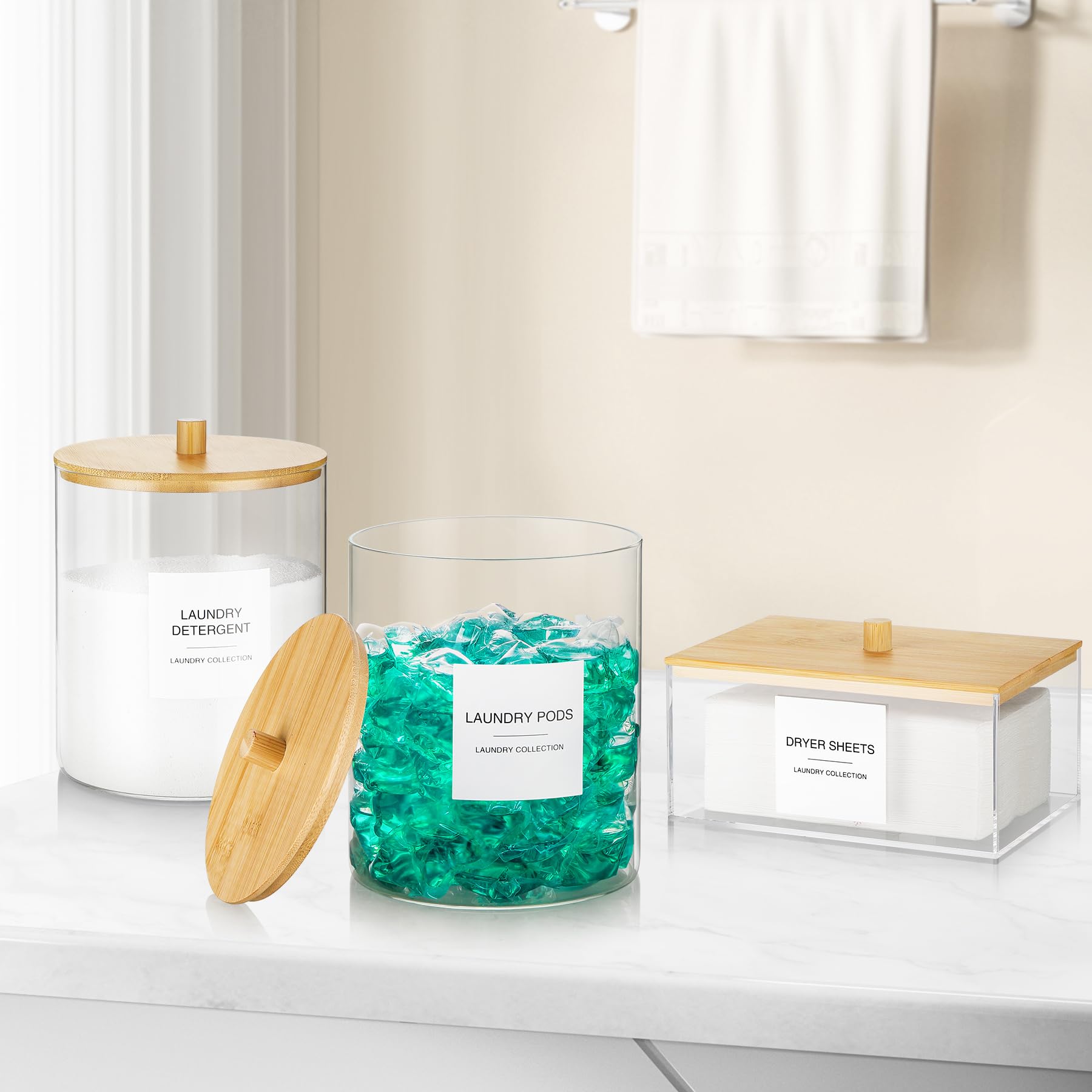 TIPGO Clear Acrylic Dryer Sheet Holder with Lid & 27 Labels - Laundry Pods Storage Container for Organized Laundry Room - Perfect for Home, Apartment & Laundry Room Organization