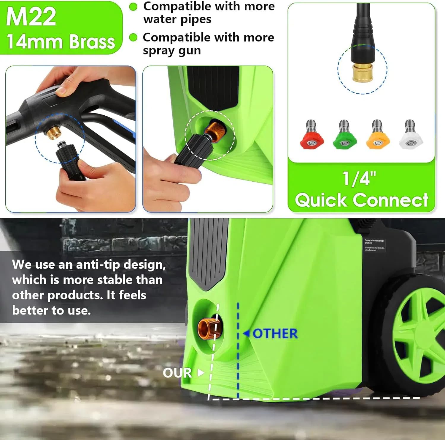 3800PSI 2.8GPM Electric Pressure Washer - High Power Cleaner Machine with 4 Nozzles & Soap Bottle for Car Washing, Fence Cleaning, Patio, Driveway, Home & Outdoor Cleaning (Green, Model JX09_G1)