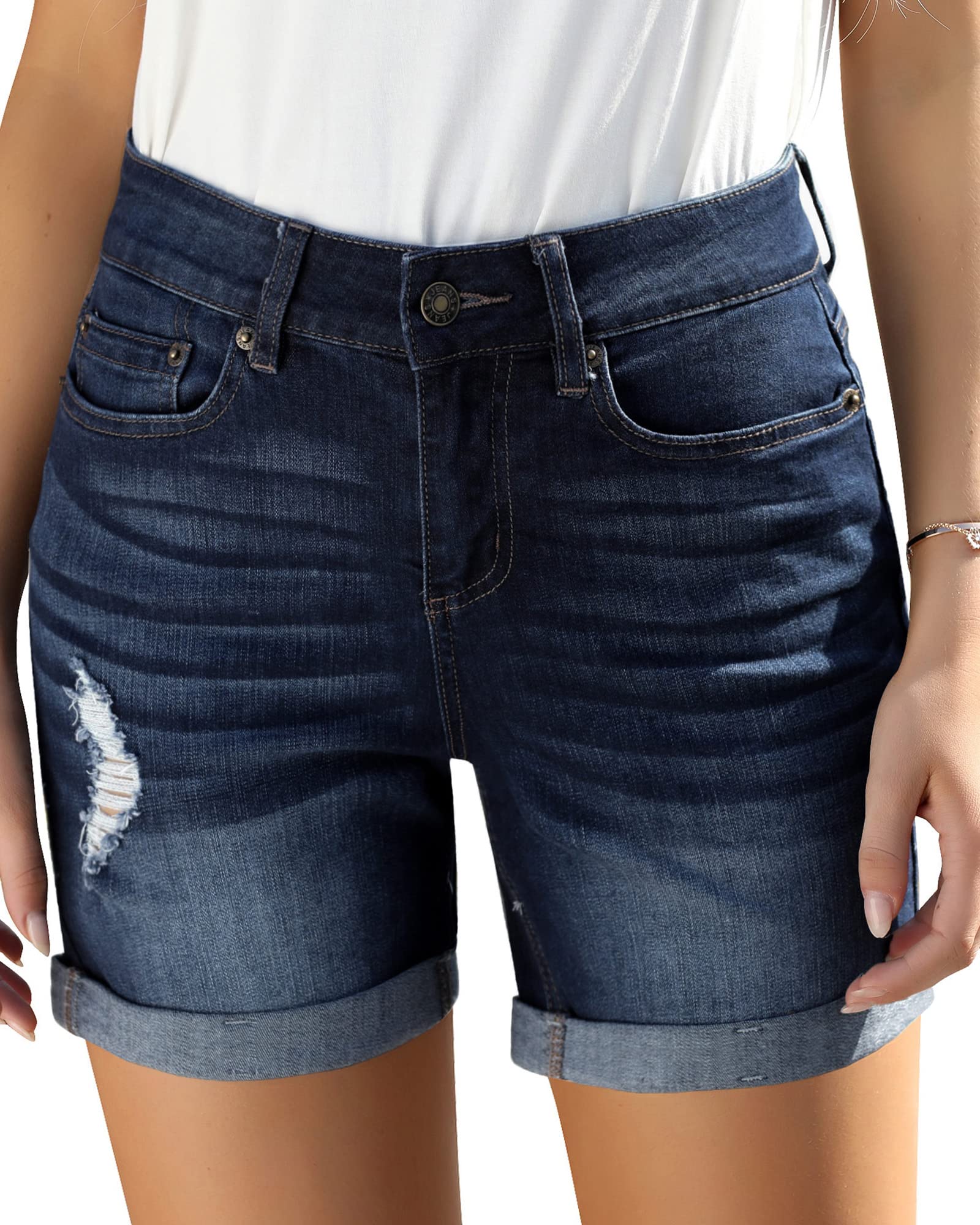 Stylish Women's High Waisted Distressed Denim Shorts - Stretchy Folded Hem Casual Jean Shorts for Summer Outfits, Beach Vacations & Streetwear Fashion