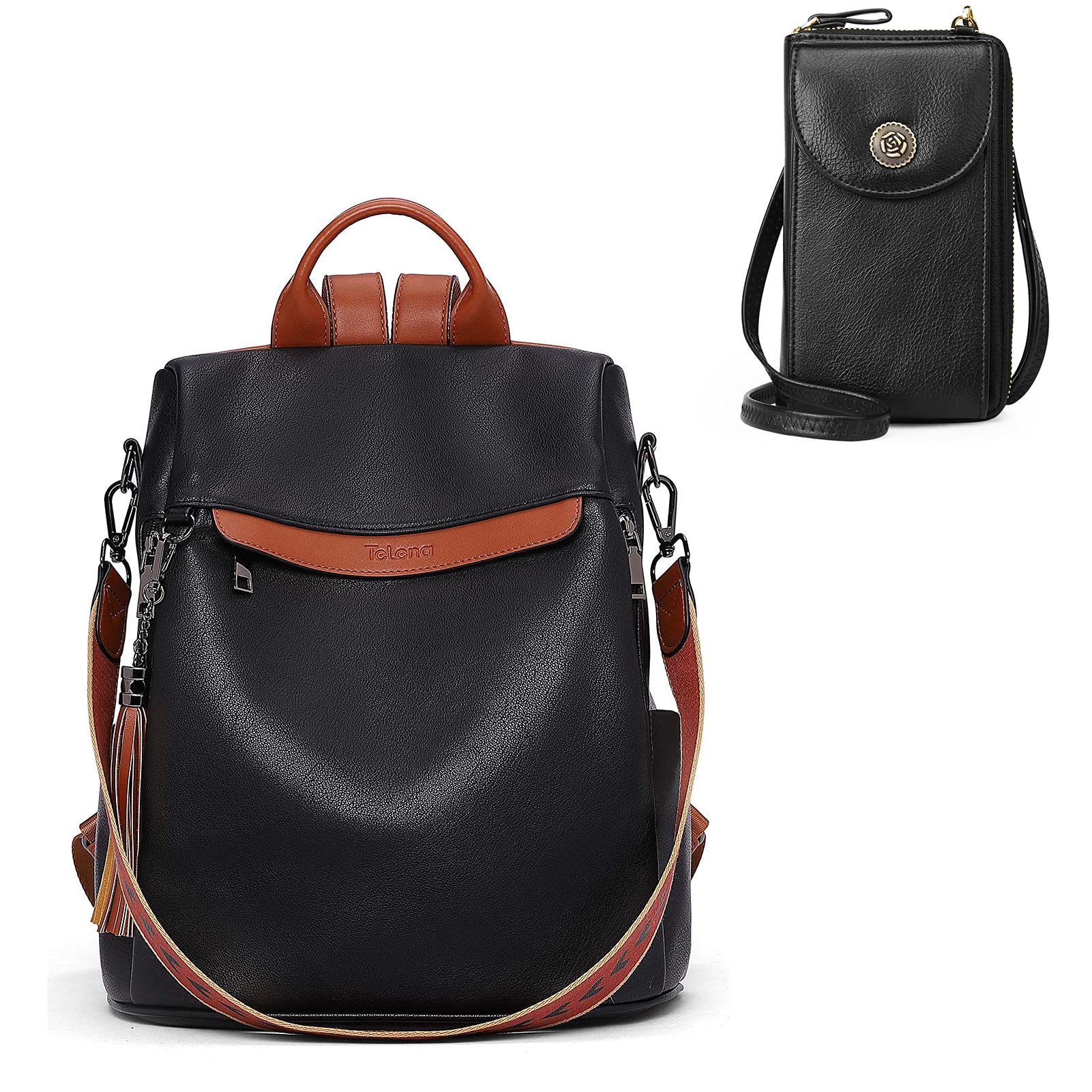Telena Anti-Theft Travel Backpack & Crossbody Bag Set for Women - Large Shoulder Bag & Small Phone Purse Wallet (Black) - Perfect for Commuting, Air Travel & Daily Essentials
