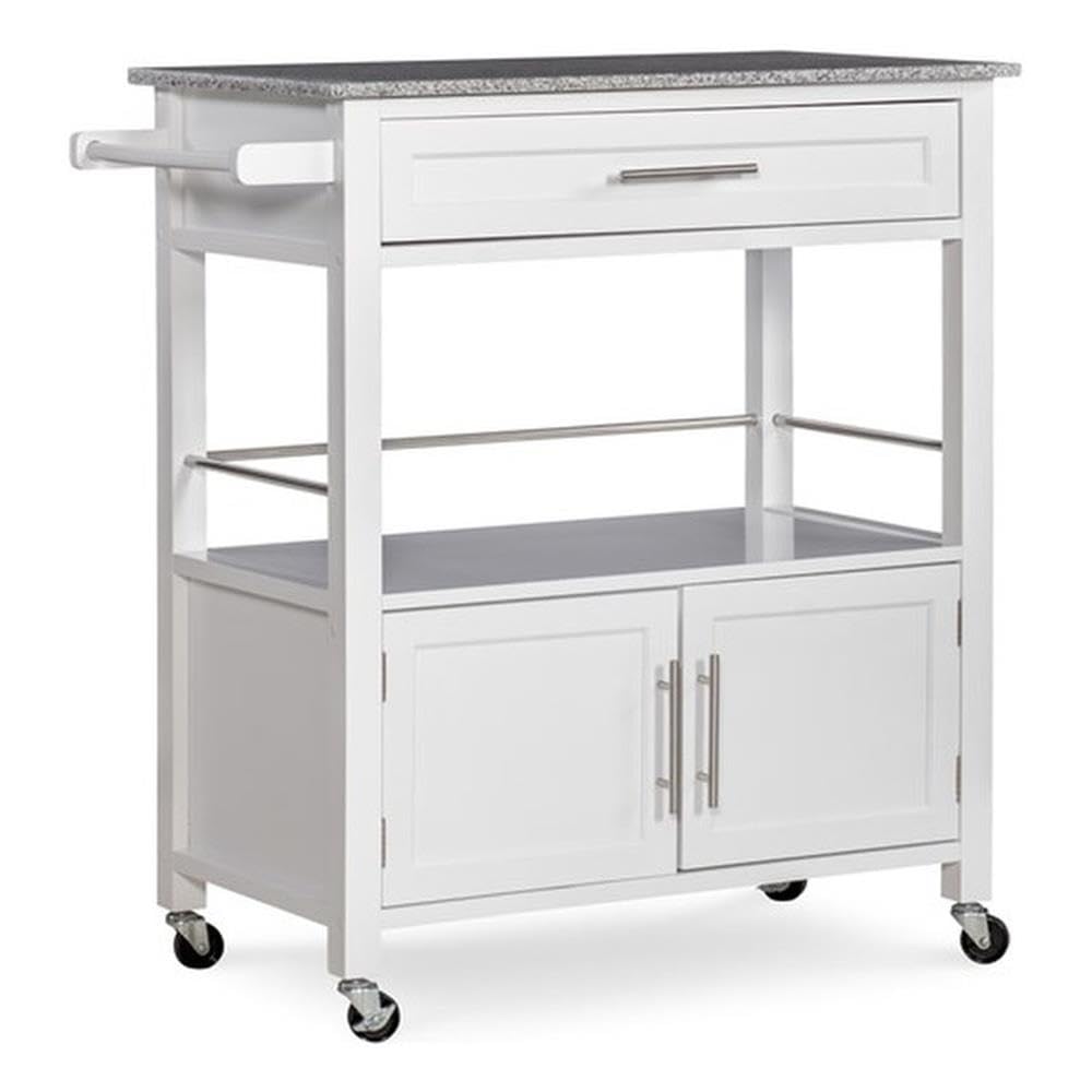 Pemberly Row White Transitional Wood Kitchen Cart with Granite Top - Perfect for Small Spaces, Kitchen Storage & Serving Buffet Style