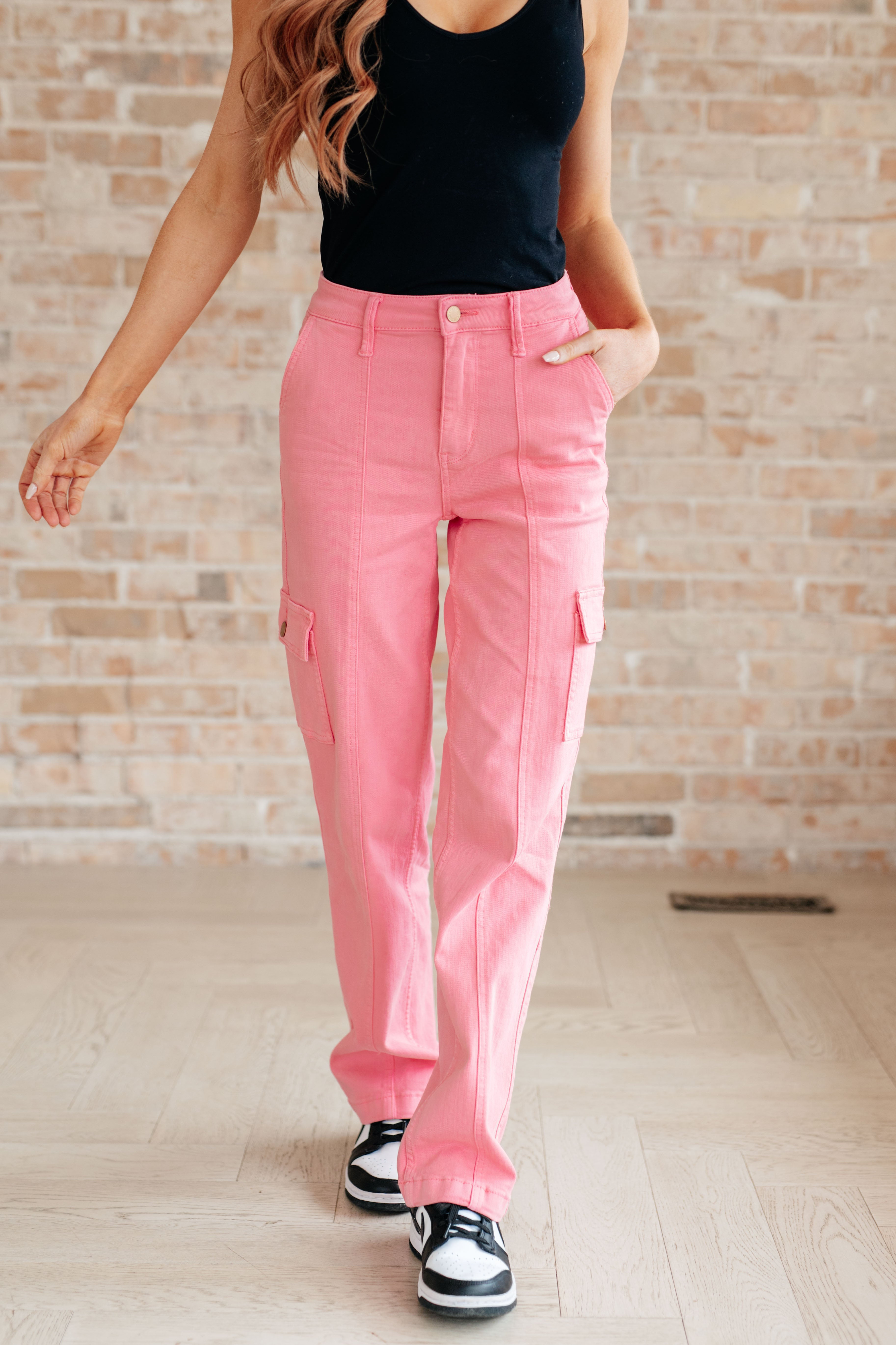 Peggy High Rise Cargo Straight Jeans for Women - Pink Denim Pants with Pockets | Casual Streetwear, Workwear & Everyday Fashion Outfits