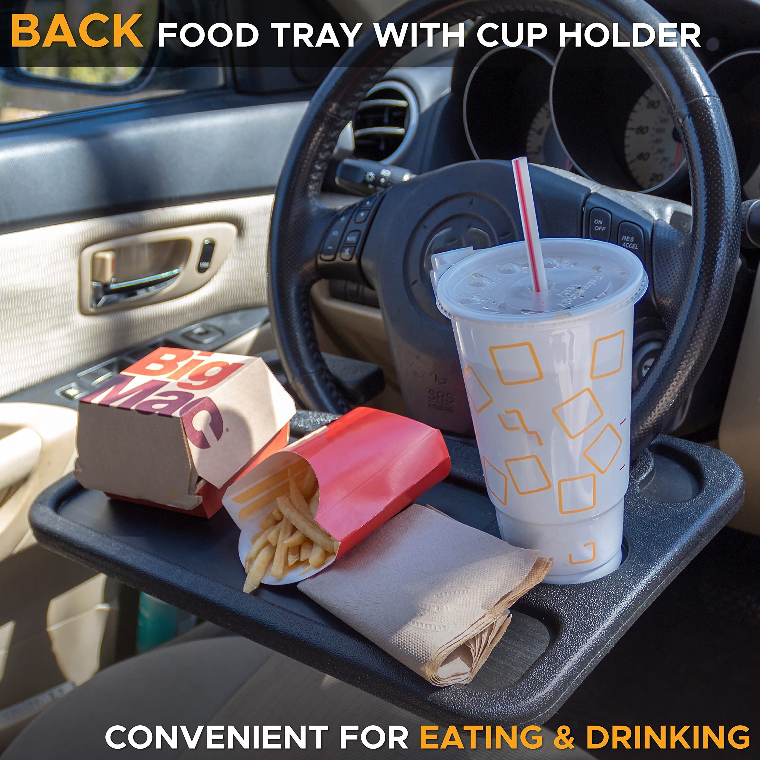 EcoNour 2-in-1 Foldable Car Steering Wheel Desk & Hanging Trash Bag - Multi-Use Travel Car Accessories for Snacks, Work & Road Trips