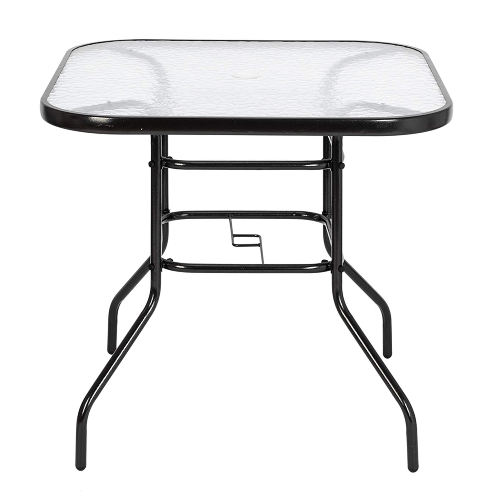 32 Inch Round Patio Glass Top Table with Umbrella Hole - Outdoor Bistro Dining Table, Metal Side Table for Backyard, Garden, Balcony - Durable Outdoor Furniture for Dining, Lounging & Entertaining