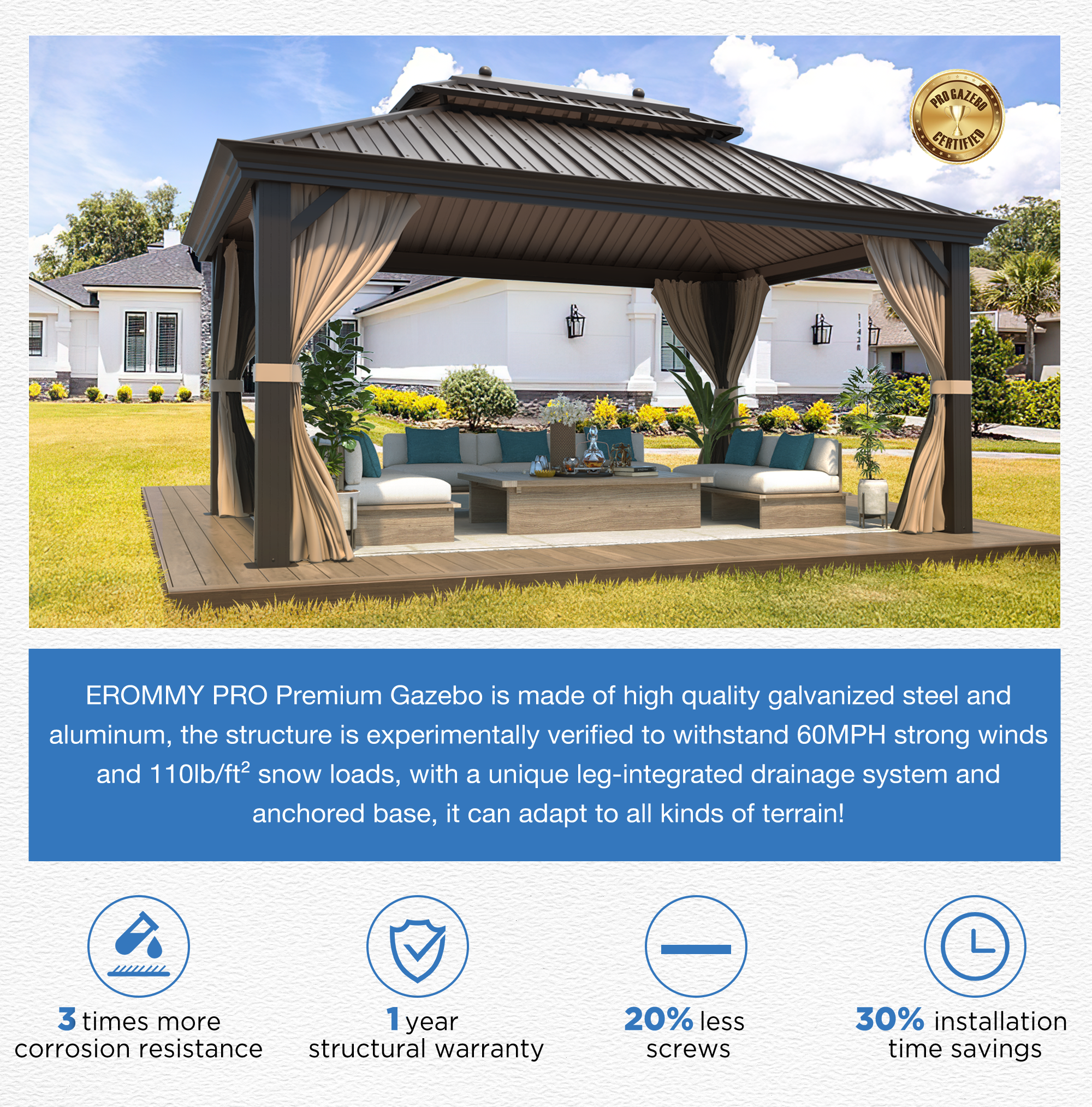 EROMMY 12' x 16' Hardtop Gazebo - Galvanized Steel & Aluminum Permanent Pavilion with Curtain & Netting, Brown - Perfect for Backyard, Patio, Garden, and Outdoor Entertaining