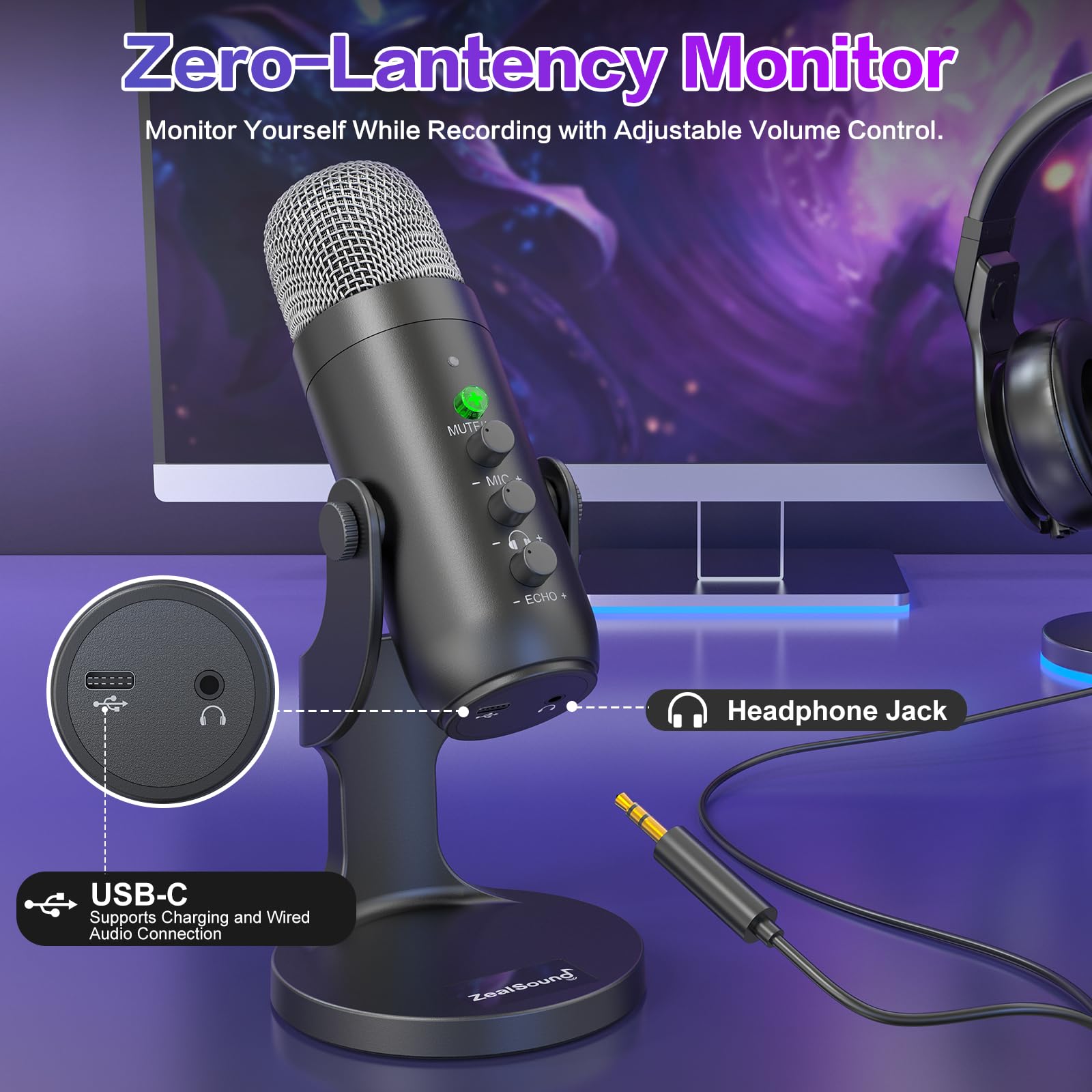 ZealSound Wireless USB Microphone for iPhone, PC, iPad, Android - Bluetooth 2.4GHz Condenser Mic with Mute, Echo, Volume Control for Podcasting, ASMR, Gaming, YouTube Videos - Perfect for Home Studio, Live Streaming & Voice Recording