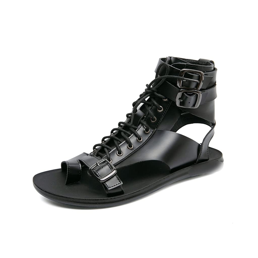 YHUA Men's High Top Sandals - Breathable Roman Gladiator Shoes with Adjustable Buckle Straps for Summer Outdoor Walking & Travel (Black, Size 40) - Perfect for Beach, Vacation and Casual Wear