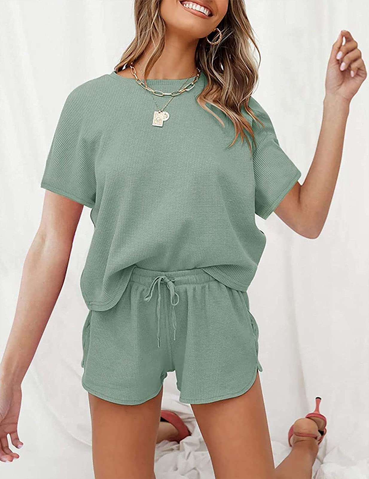 MEROKEETY Women's Waffle Knit Pajama Set - Short Sleeve Top & Lounge Shorts 2-Piece Sleepwear for Women | Soft & Comfortable Nightwear for Sleep, Relaxation & Home Lounging