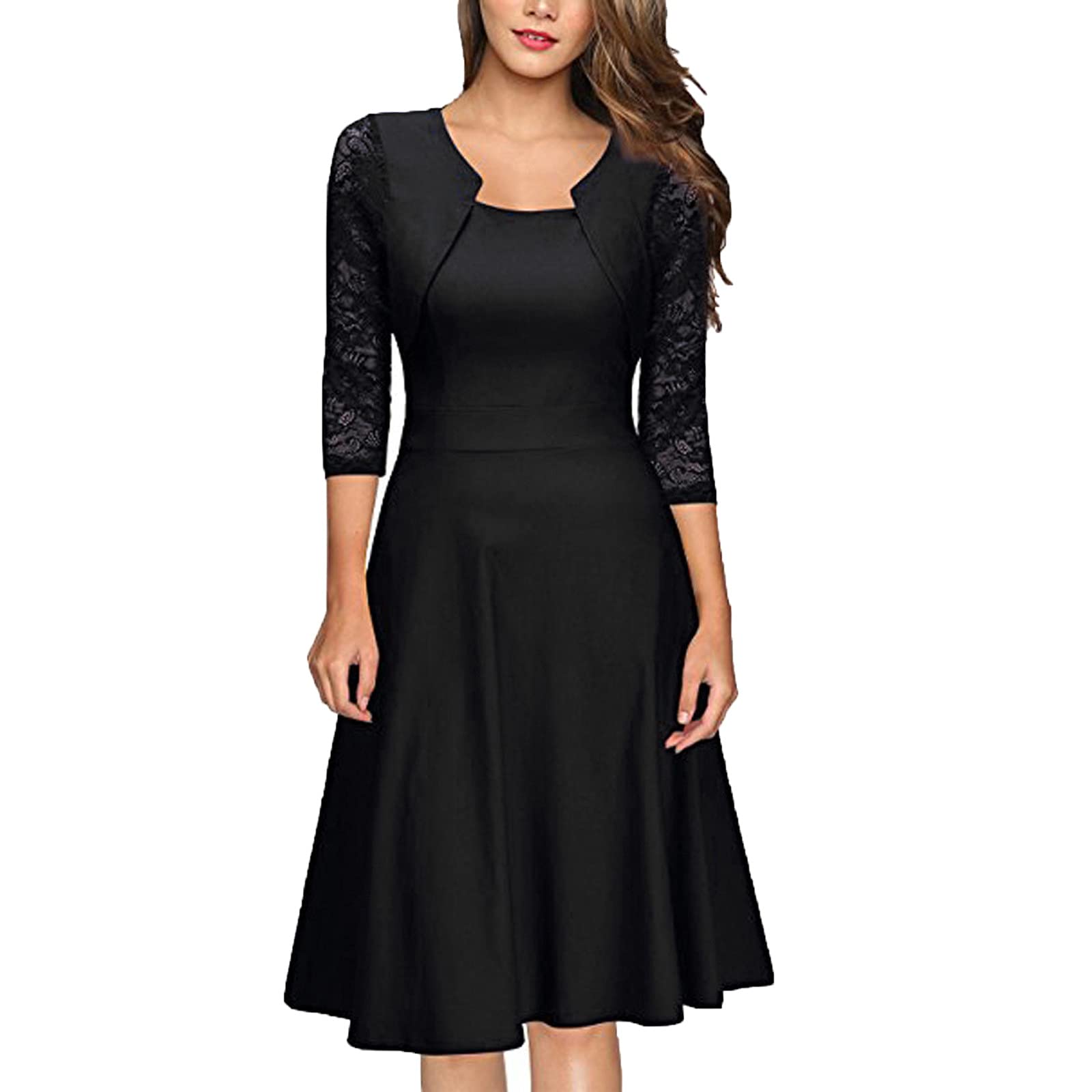 Elegant Women's 3/4 Lace Sleeve A-Line Midi Dress for Cocktail Party, Wedding Guest & Formal Occasions | Flattering Swing Design for Special Events & Evening Gatherings