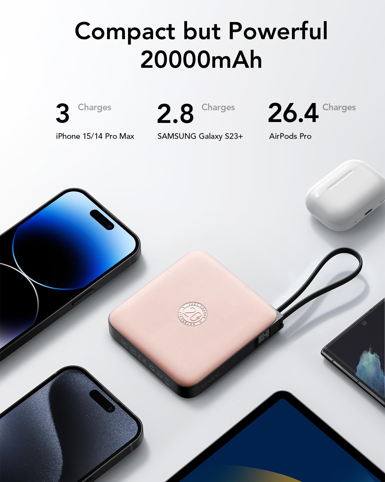VRURC 20000mAh Portable Charger with Built-in Cables - 22.5W Fast Charging Power Bank for iPhone 16/15/14/13/12/11 & Samsung Android Phones - Pink Travel Essential Battery Pack (Perfect for Airports, Camping & Emergency Charging)