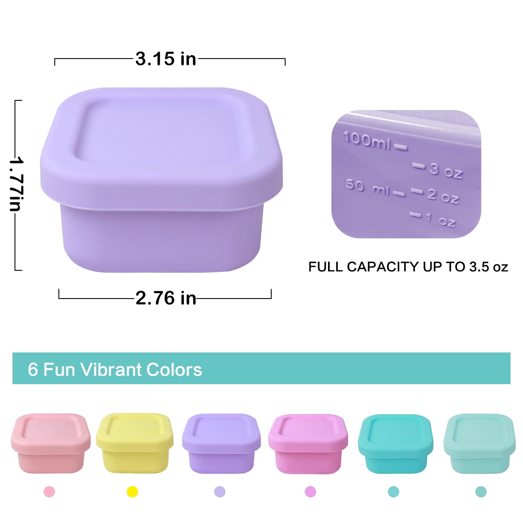 Finorder 6-Pack 100% Silicone Baby Food Storage Containers - 3.5 oz Leakproof & Airtight Snack Cubes - Microwave, Freezer Safe for Infant Puree & Homemade Meals - Perfect for Daycare, Travel & Meal Prep