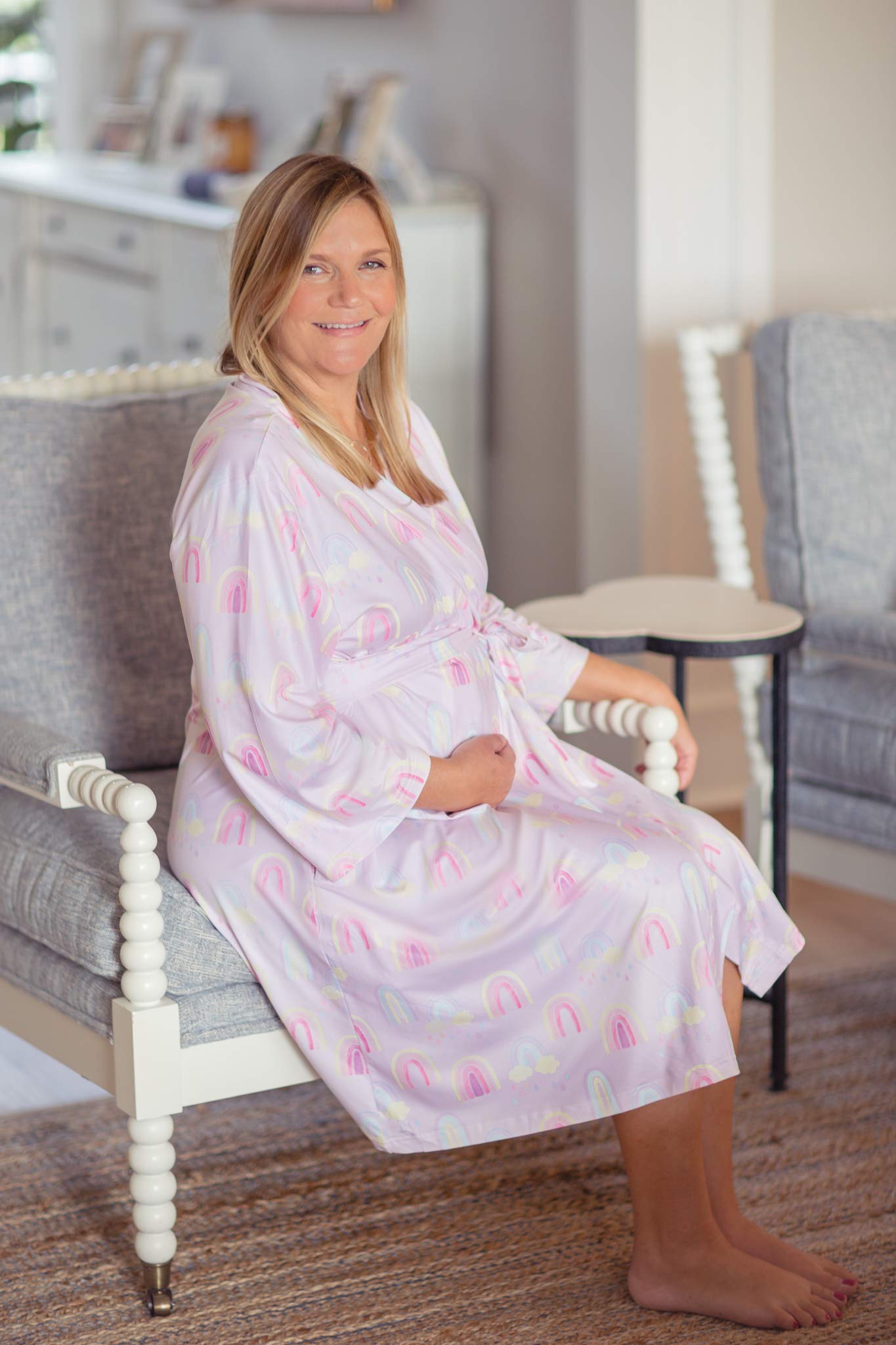 Millie Mae LLC Rainbow Baby Girl Maternity Robe & Matching Gown Set with Swaddle Blanket, Headband & Newborn Hat - Soft Nursing Pajamas for Mom & Baby, Perfect for Hospital, Photoshoot & Newborn Gift