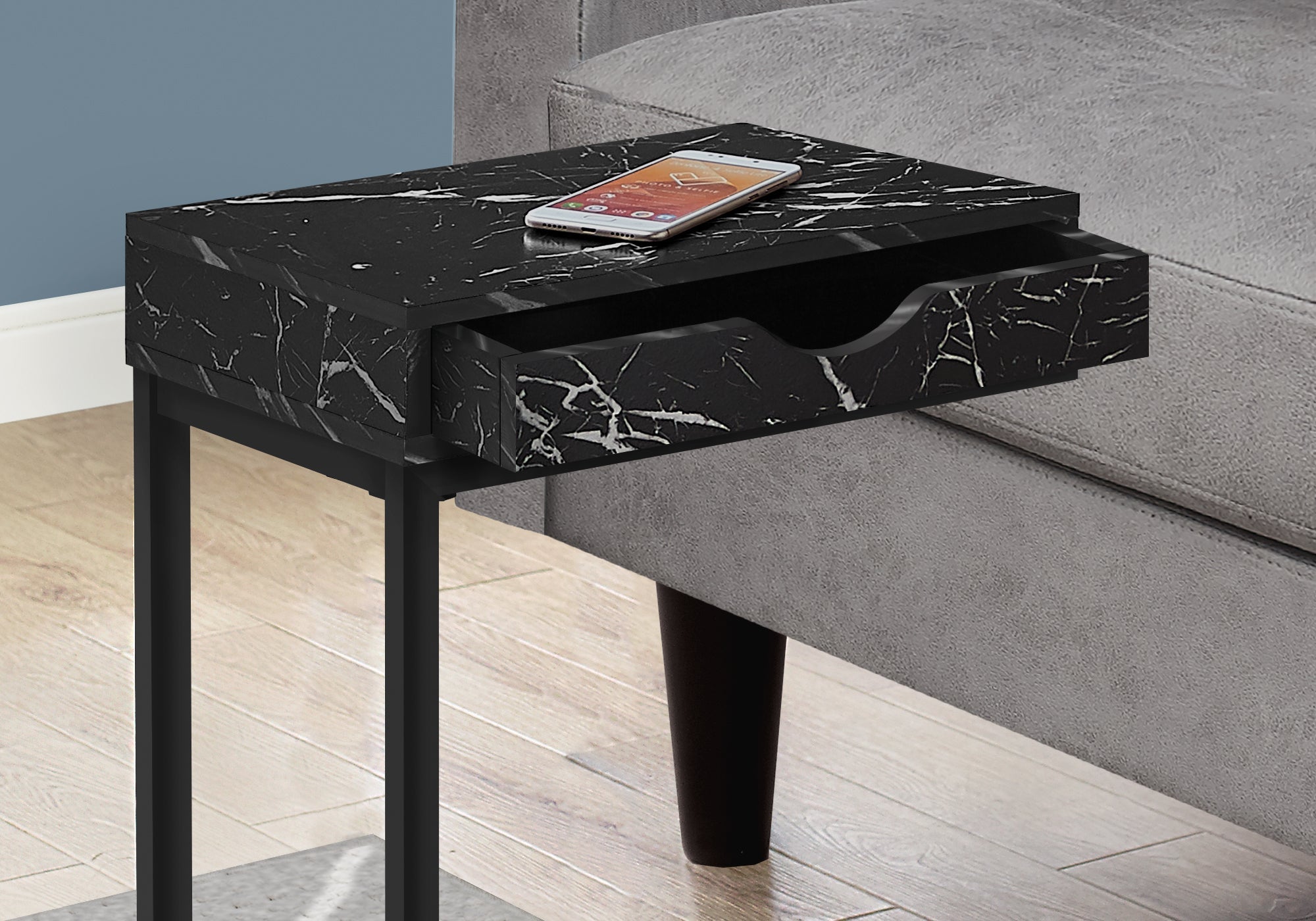 Black Marble Accent Table with Drawer - Modern Side Table for Living Room, Bedroom, or Entryway - Black Metal Frame & Elegant Design