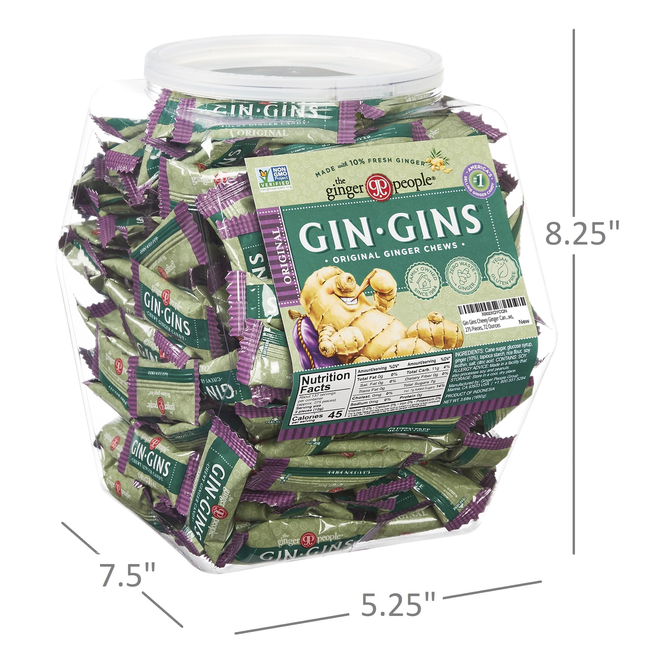 Gin Gins Chewy Ginger Candy Bulk Pack - 275 Individually Wrapped Gluten Free & Vegan Ginger Chews in Reusable Plastic Tub | Natural Motion Sickness Relief & Digestive Aid | Perfect for Travel, Pregnancy Nausea & Office Snacks