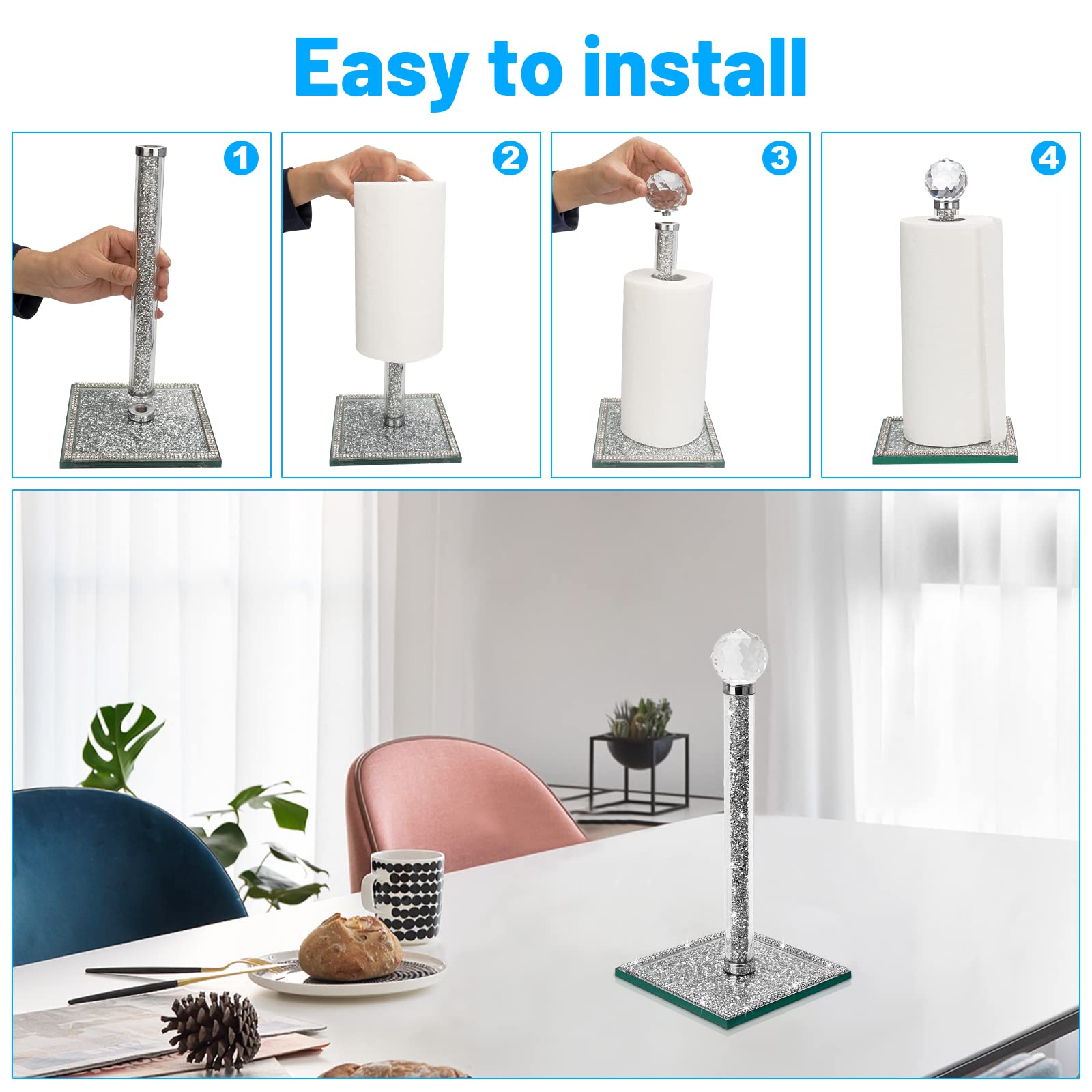 Elegant Crystal Paper Towel Holder - Silver Countertop Towel Stand for Kitchen & Bathroom | Stylish Bling Home Decor for Modern Spaces
