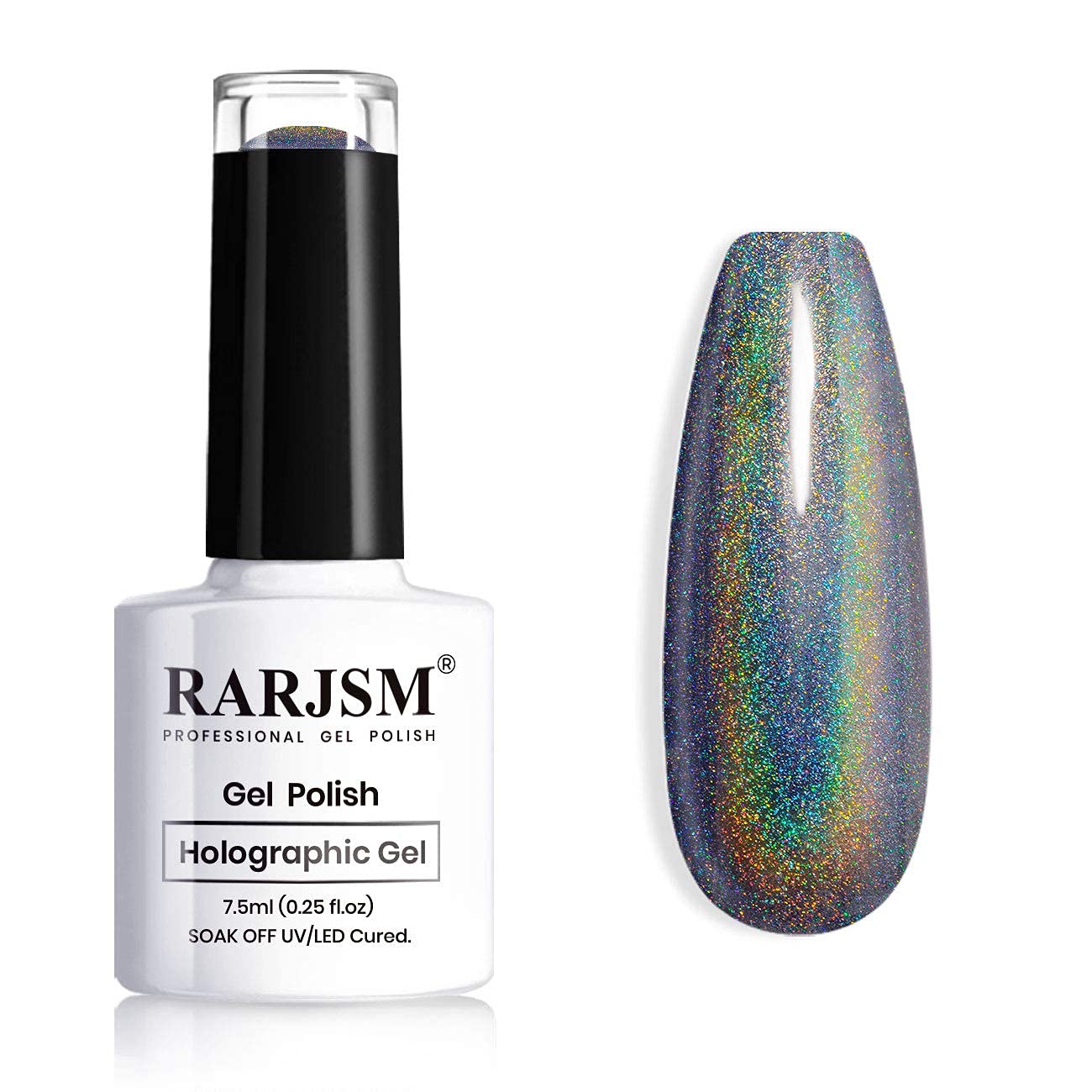 Holographic Black Soak Off UV Gel Nail Polish - 0.25 Fl.oz Nail Art Design Gel with Mirror Effect (Lamp Required) - Perfect for Salon, Home Manicures & Party Nail Designs