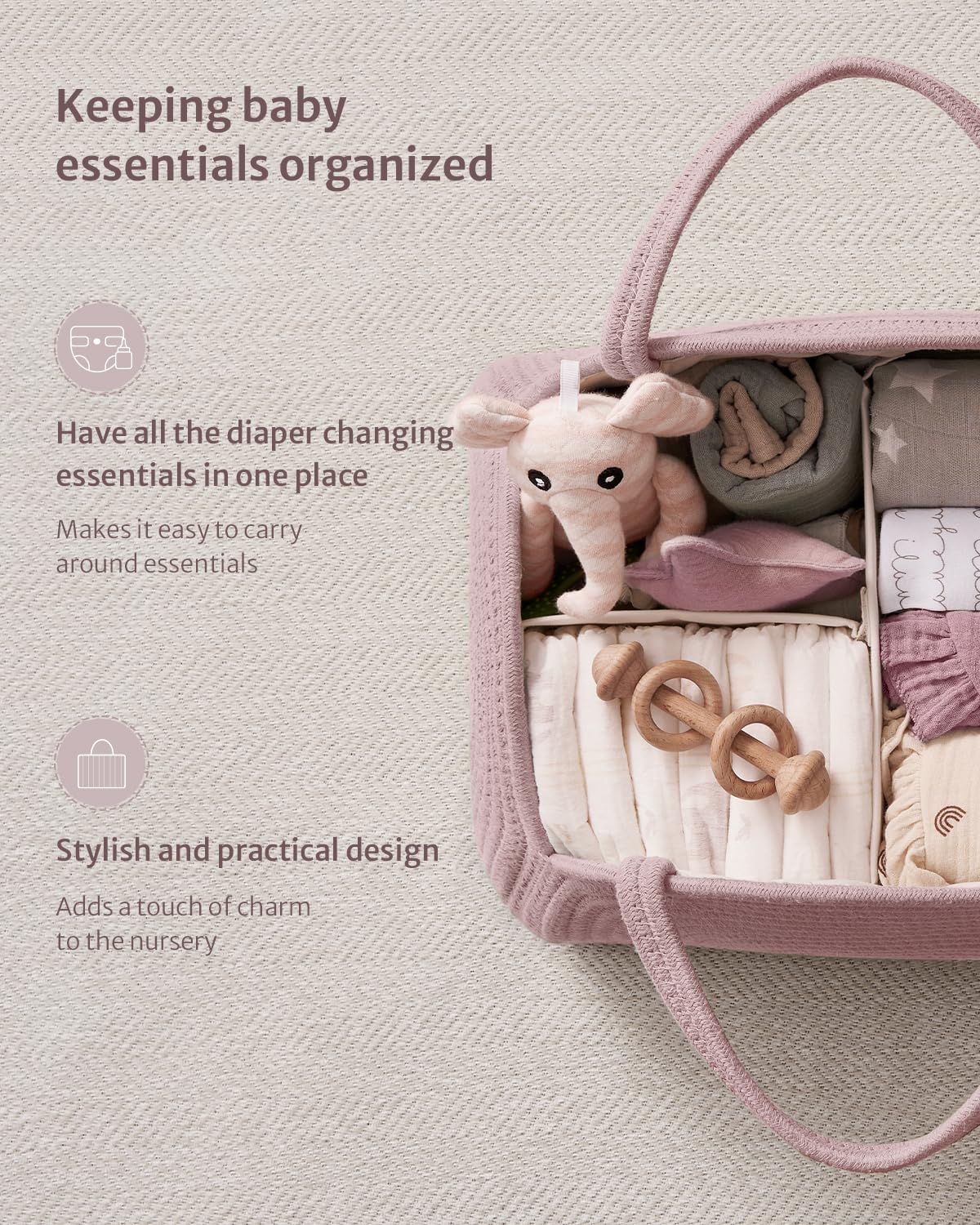 Blissful Diary Baby Diaper Caddy Organizer - Cotton Rope Storage Basket for Newborn Boys & Girls | Large Baby Shower Gift & Nursery Essentials | Perfect for Diaper Changing, Baby Care & Nursery Organization | Light Pink