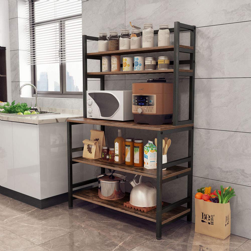 Tribesigns 5-Tier Kitchen Bakers Rack with Hutch - Industrial Microwave Stand, Free Standing Kitchen Cart with Storage Shelf Organizer in Rustic Brown - Perfect for Small Kitchen, Pantry Organization & Baking Supplies Storage