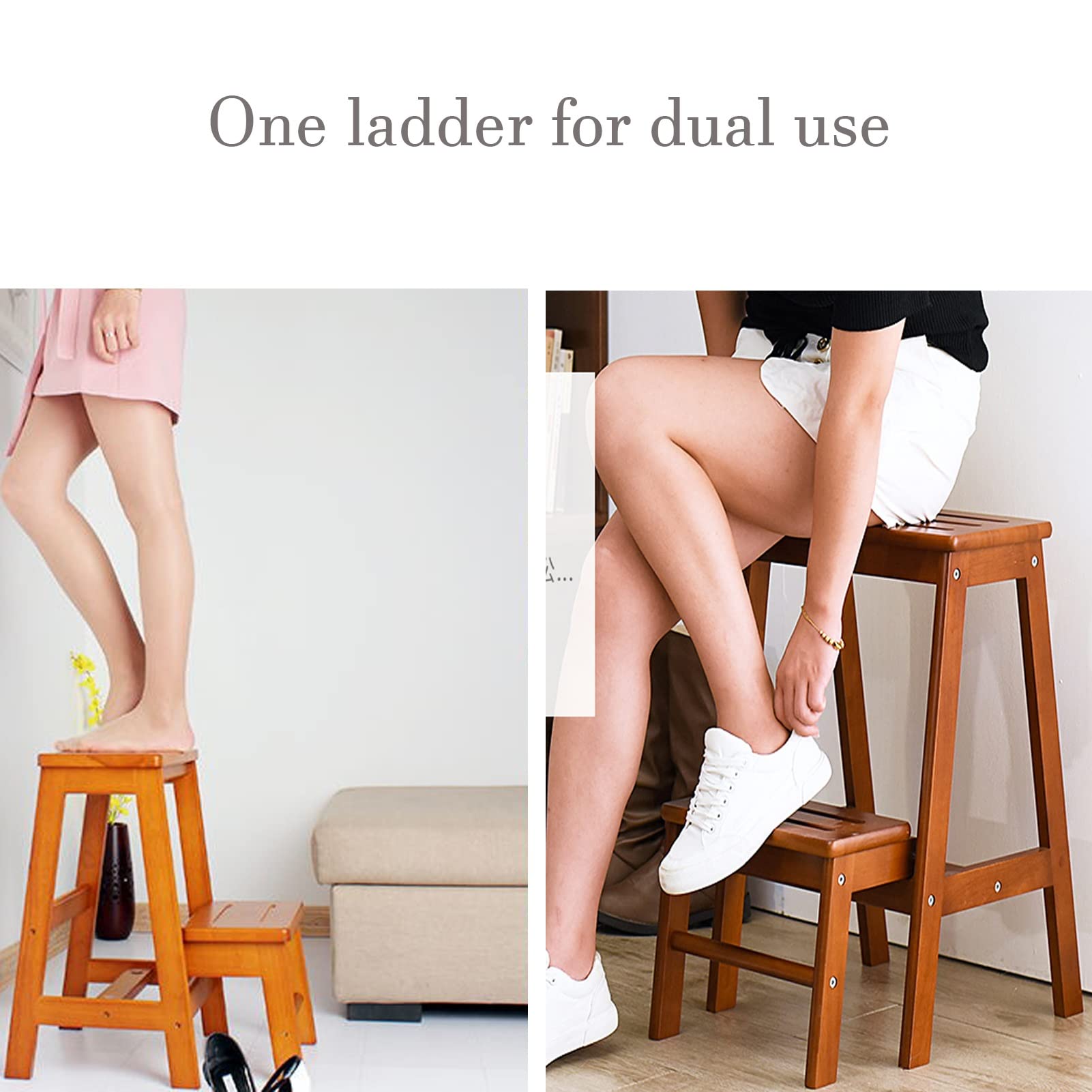 XHALERY 2-Step Wooden Step Stool with Non-Slip Tread, Foldable Kitchen Ladder Stool for Safe Reaching - Perfect for Home, Office, and Storage Use