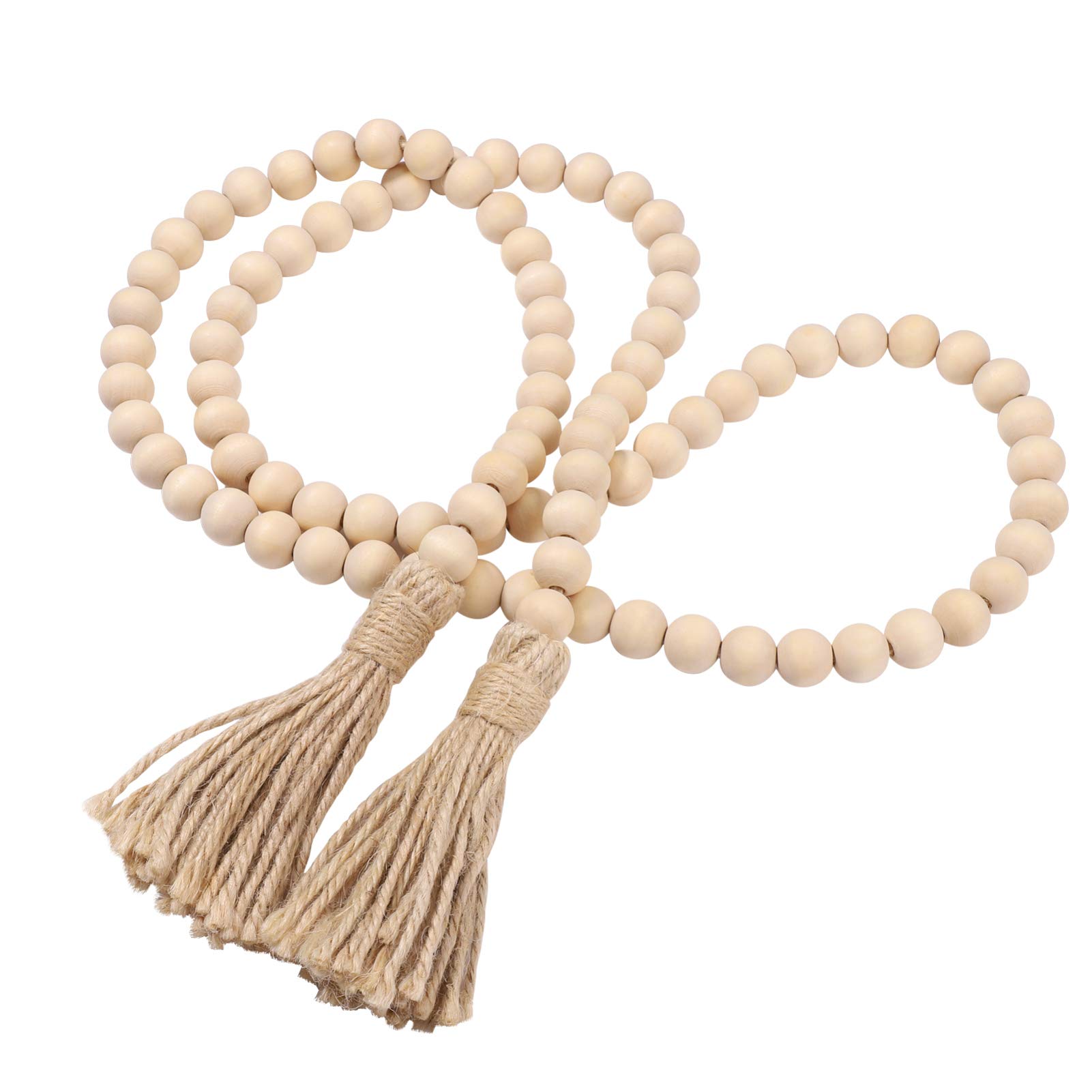 63 Inch Rustic Wood Beads Garland with Tassels - Farmhouse Country Wall Hanging Decor, Prayer Beads for Boho Home, Wedding, Christmas & Mantel Decoration