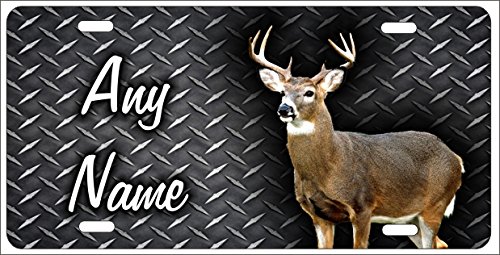 Custom Whitetail Deer Front License Plate - Faux Diamond Plate Design - Perfect for Hunting Enthusiasts & Truck Accessories - Great for Trucks, Jeeps, and Outdoor Adventures